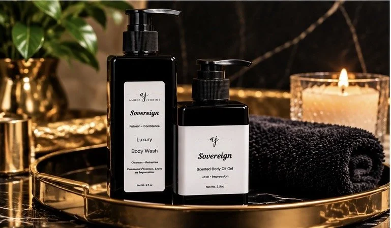 Amber Jerrine Sovereign Luxury Body Wash and Scented Body Oil Gel displayed on a gold tray with a black towel, candle, and elegant spa accents.