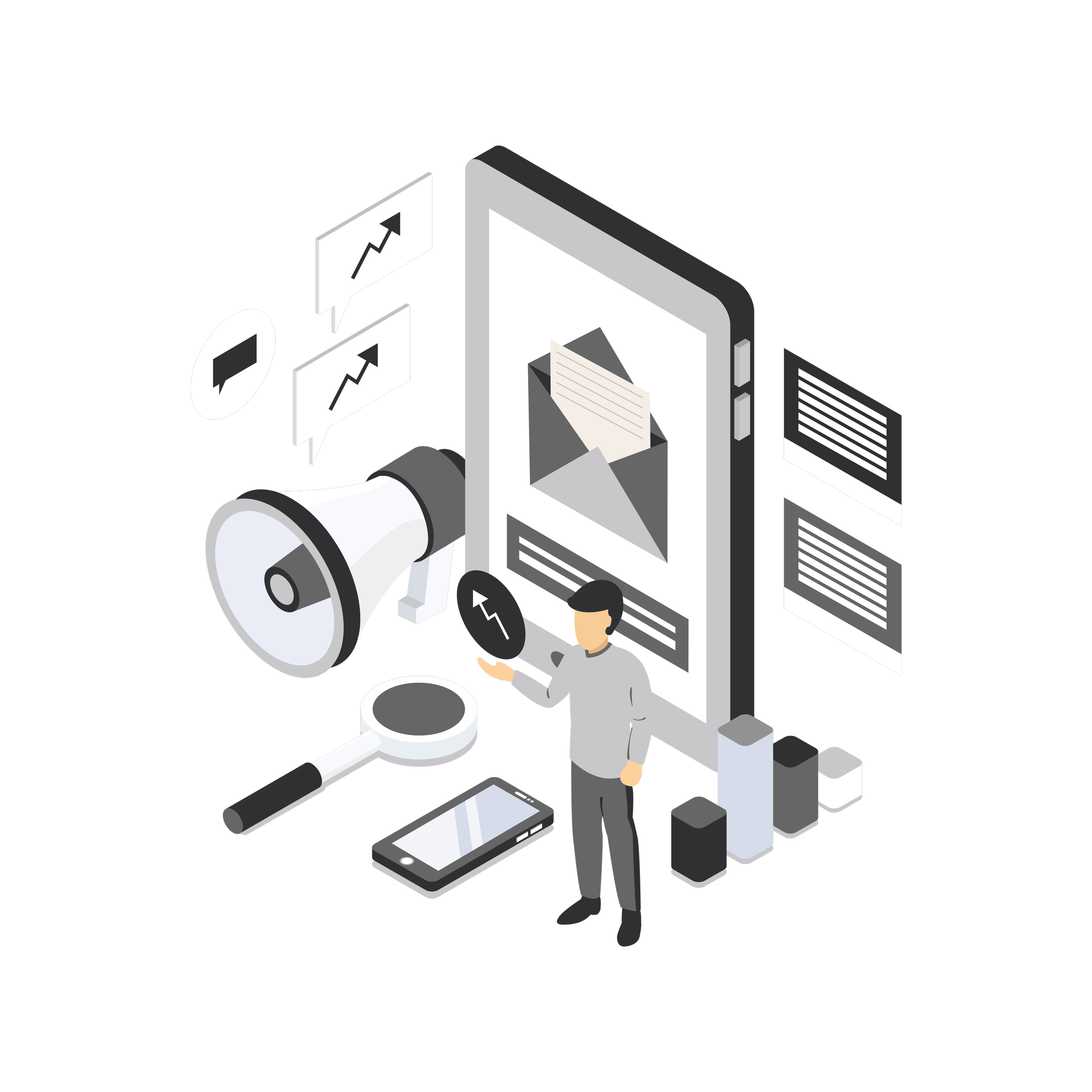 Illustratie van digitale marketing en online communicatie, met een grote smartphone, een man die beelden en grafieken bekijkt, een megafoon, een vergrootglas, een smartphone, en tekstblokken rondom een zwarte achtergrond.