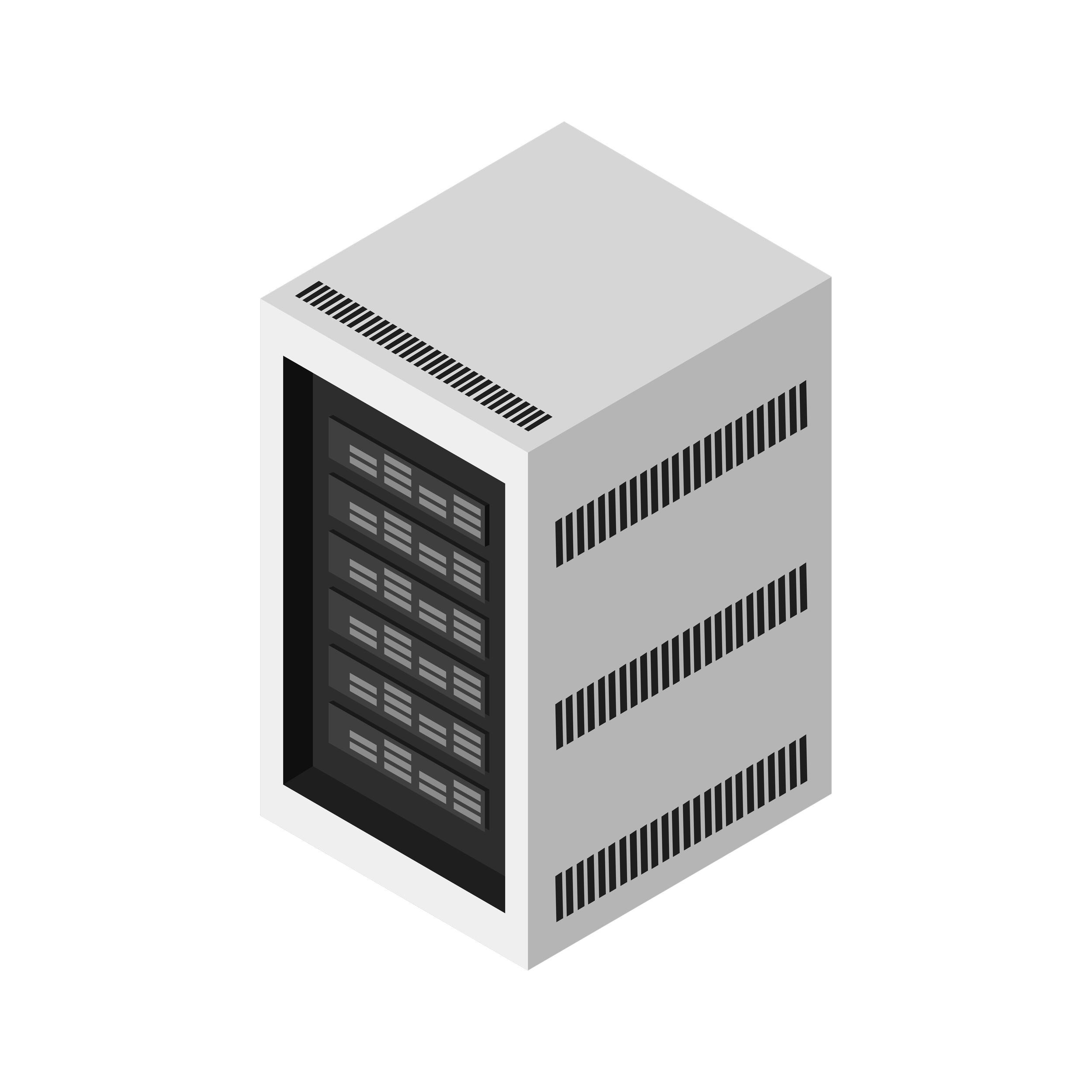 Een isometrische illustratie van een metalen serverkast op een zwarte achtergrond.
