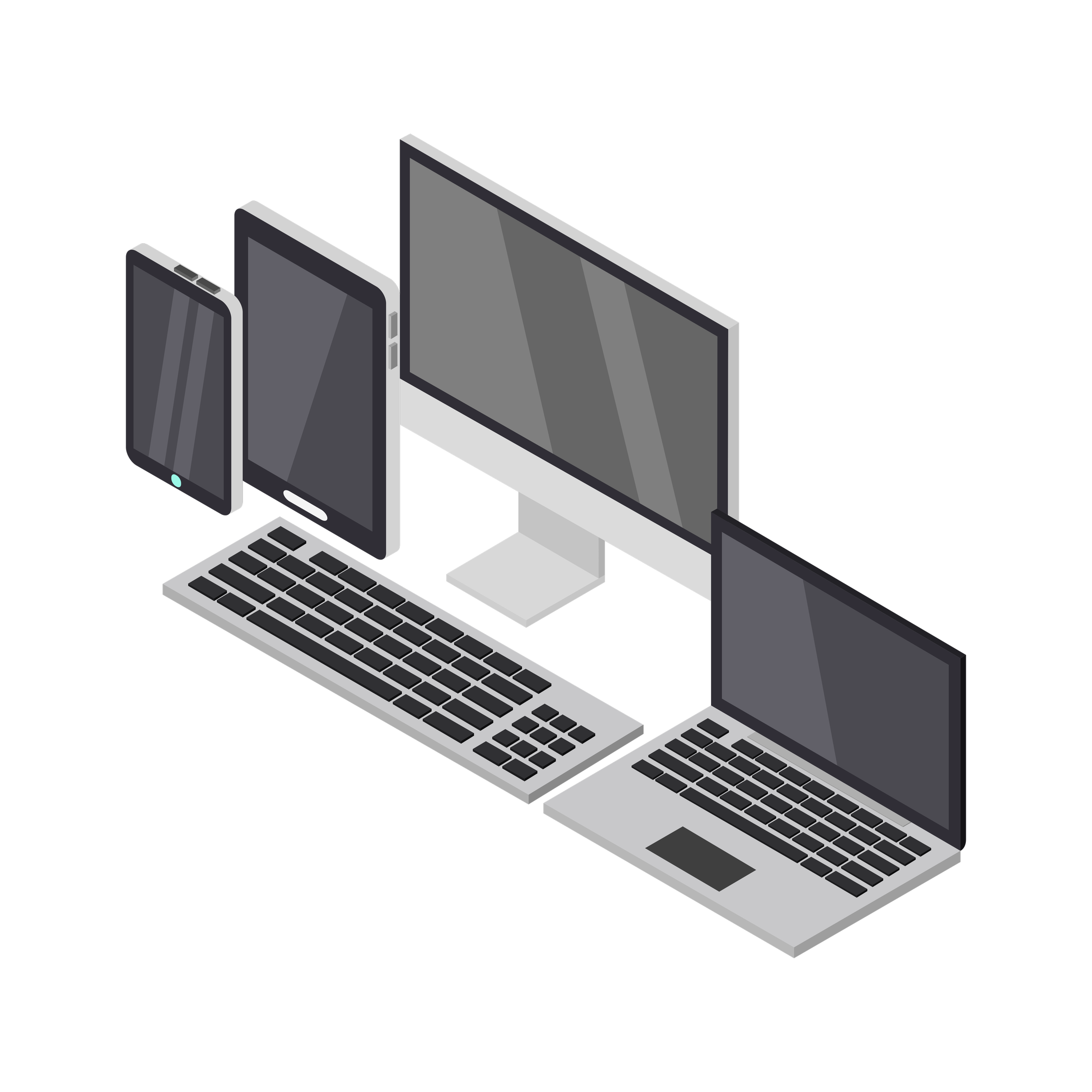 isometrische illustratie van verschillende elektronische apparaten zoals smartphones, tablets, een desktop en een laptop op een zwarte achtergrond.