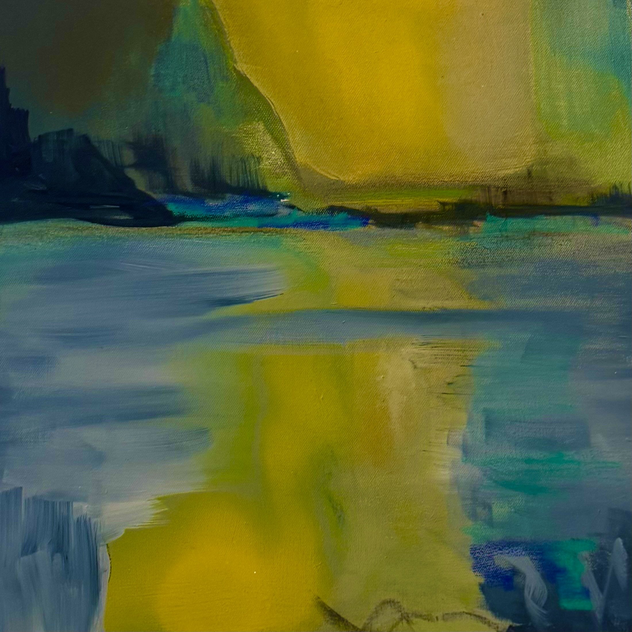 Abstract landscape painting featuring blue, green, and yellow colors with horizontal brushstrokes and reflections.