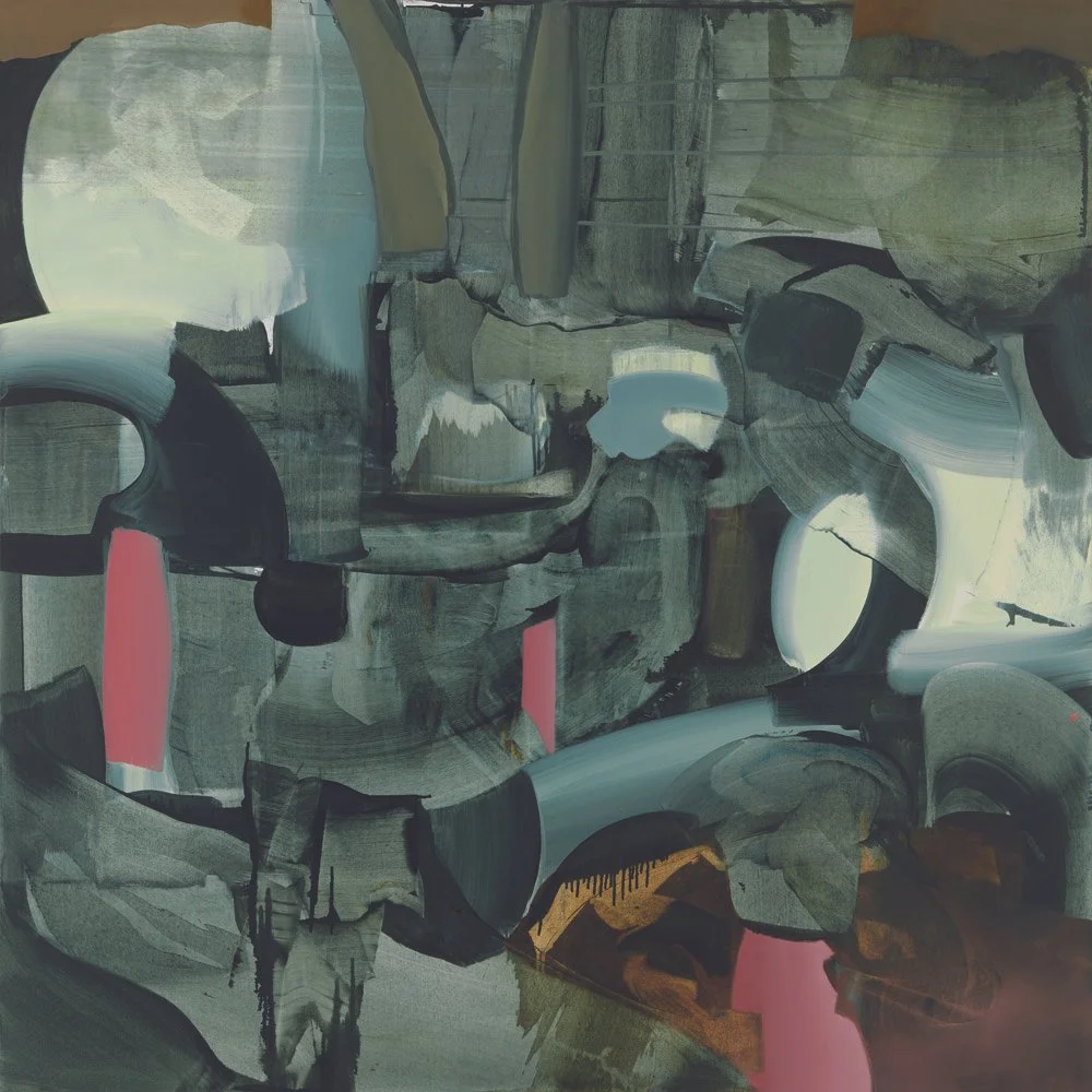 Abstract painting with dark gray, black, light gray, and pink brushstrokes and shapes.