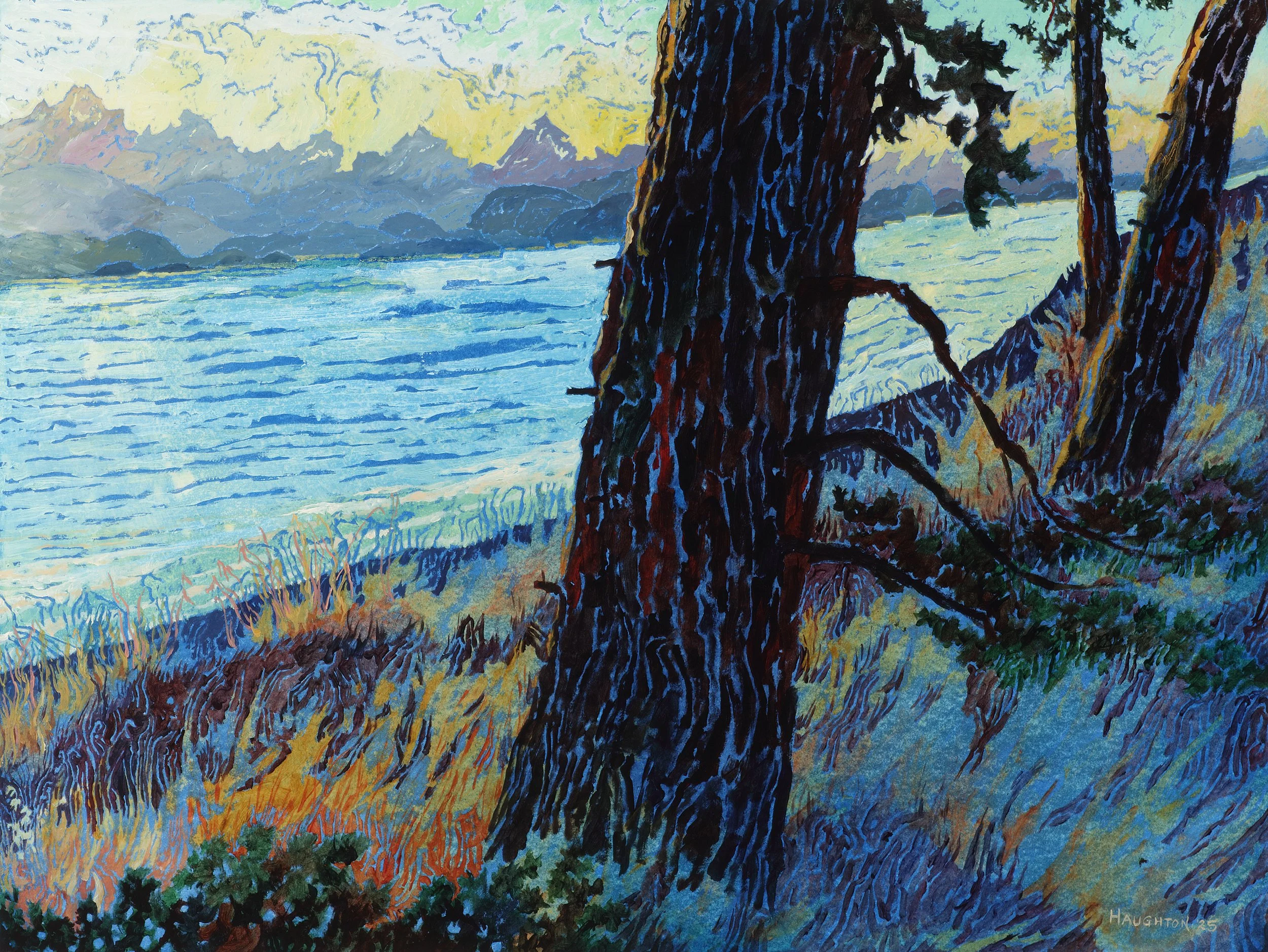 Oil painting of a landscape featuring two large trees in the foreground next to a body of water, with mountains in the background during sunset or sunrise.