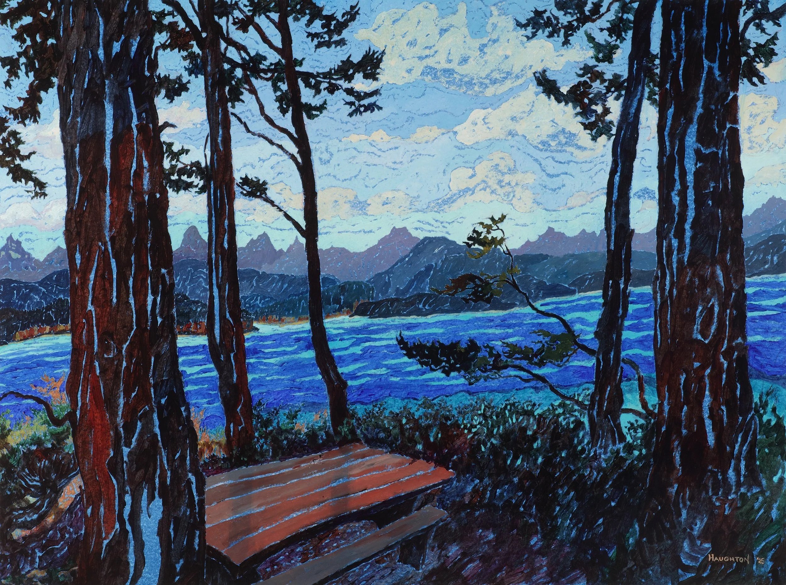Landscape painting of trees overlooking a lake with mountains in the distance, under a cloudy sky, with a bench in the foreground.