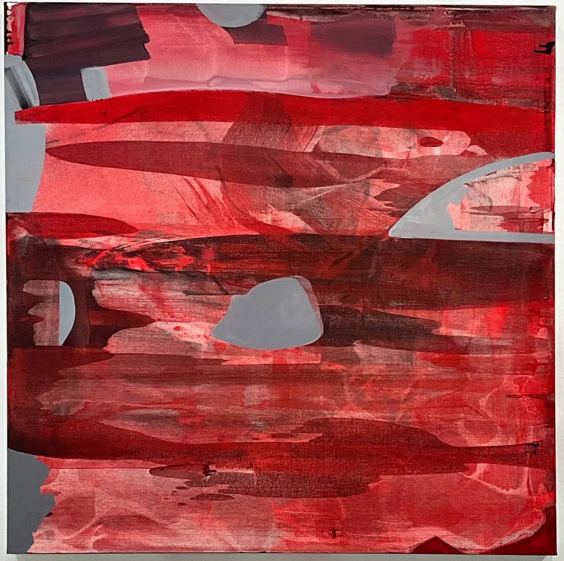 Abstract painting with broad red and black brushstrokes, gray shapes, and textured layers.