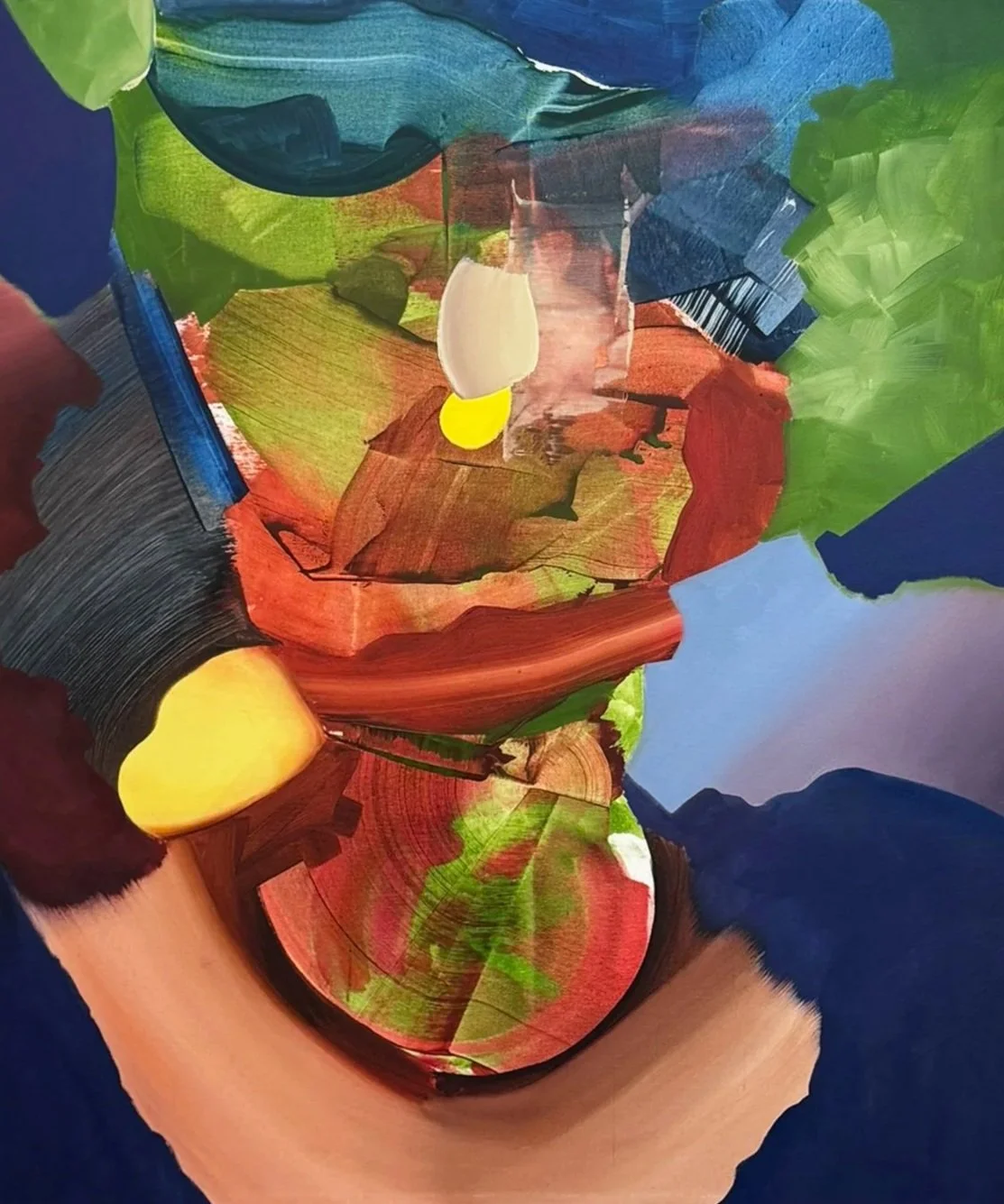 Abstract painting with vibrant colors including green, red, blue, yellow, and brown, featuring brushstrokes and layered textures.