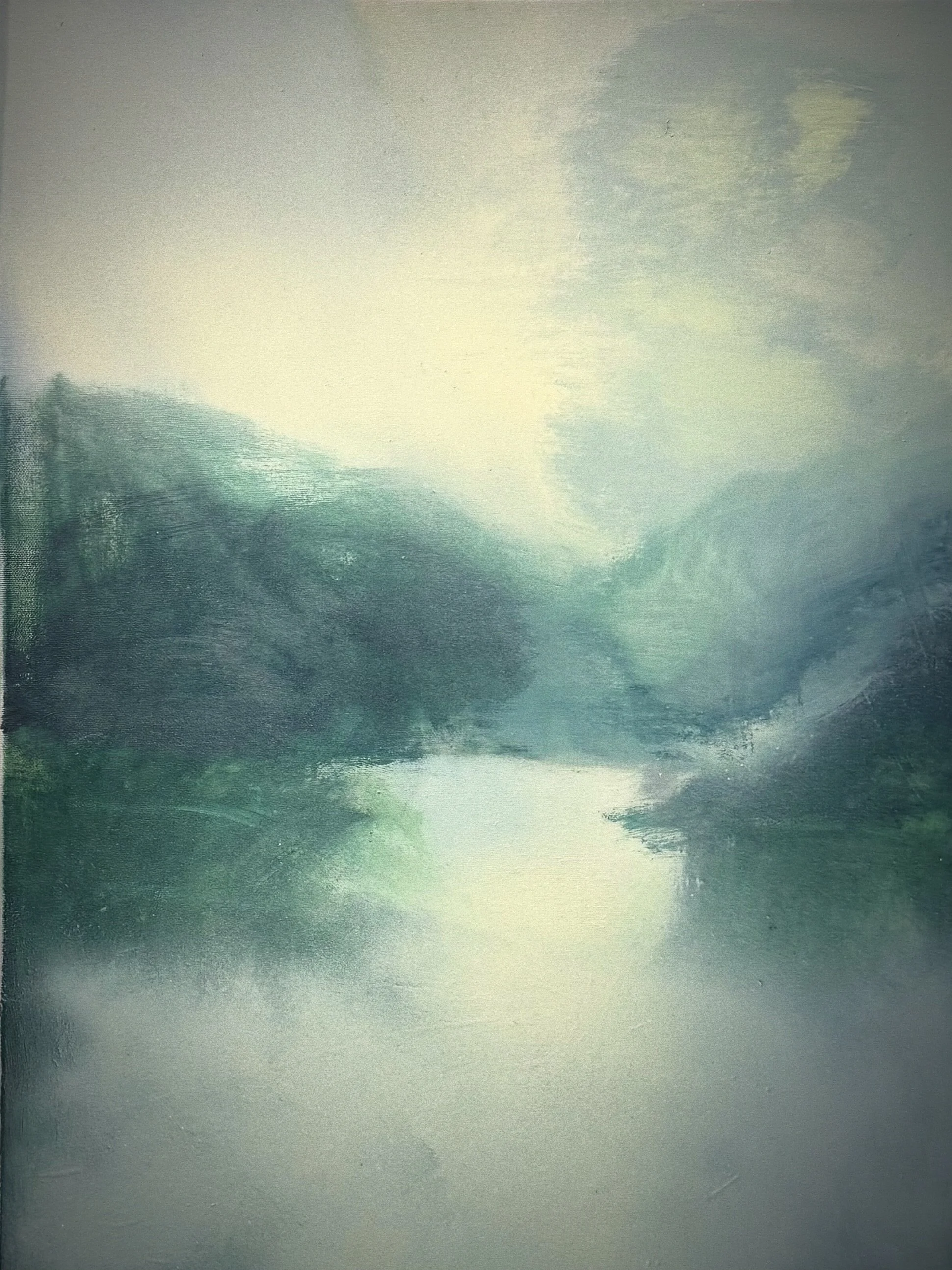 A calm, foggy landscape painting of a river surrounded by trees with a soft, muted color palette.