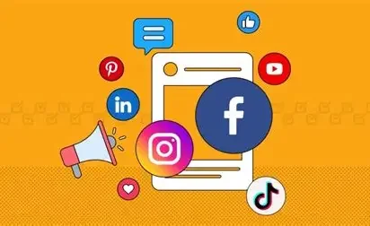 Illustration of social media icons such as Facebook, Instagram, TikTok, Pinterest, LinkedIn, YouTube, and a megaphone, surrounding a smartphone.