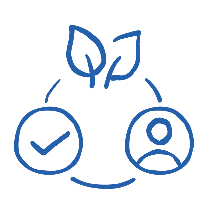 A hand-drawn diagram with a plant and two icons connected by lines, one with a checkmark and the other with a person, representing growth or progress in a process involving people.