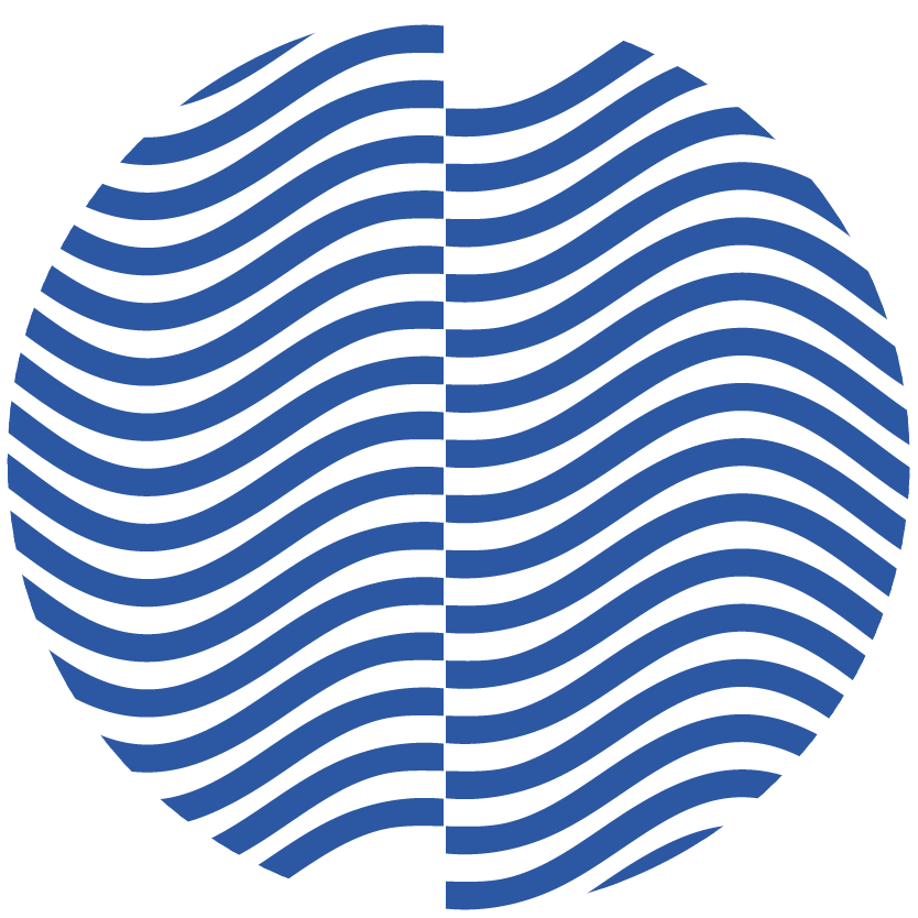 A circular logo with horizontal blue lines forming a wave pattern on a black background.