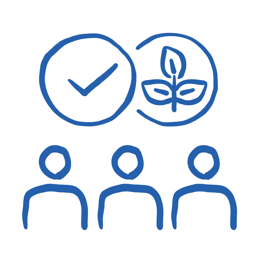 Icon of a checkmark and a plant inside circles above three people, representing eco-friendly or sustainable group decision.