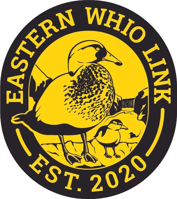 Logo with a duck and a smaller bird standing on land, surrounded by mountains, with the text 'Eastern Whio Link' and 'Est. 2020' on a black circular background with yellow text for  leading from the Land Tairāwhiti
