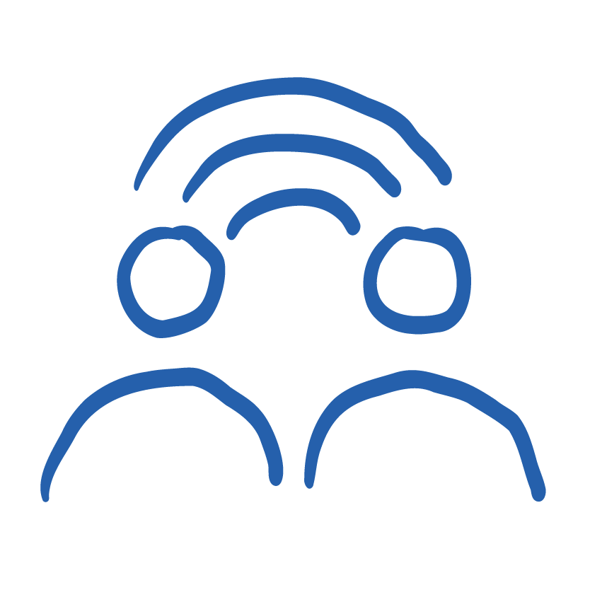 Outline drawing of two people wearing headphones with wireless signals above their heads.