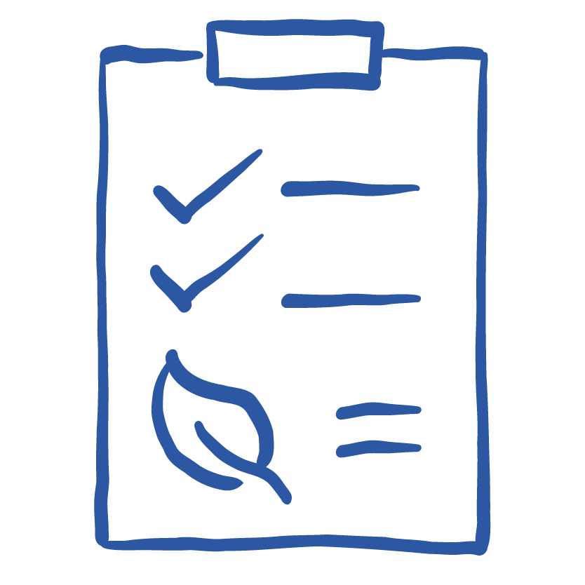 A hand-drawn blue sketch of a clipboard with a checklist and a leaf on it.