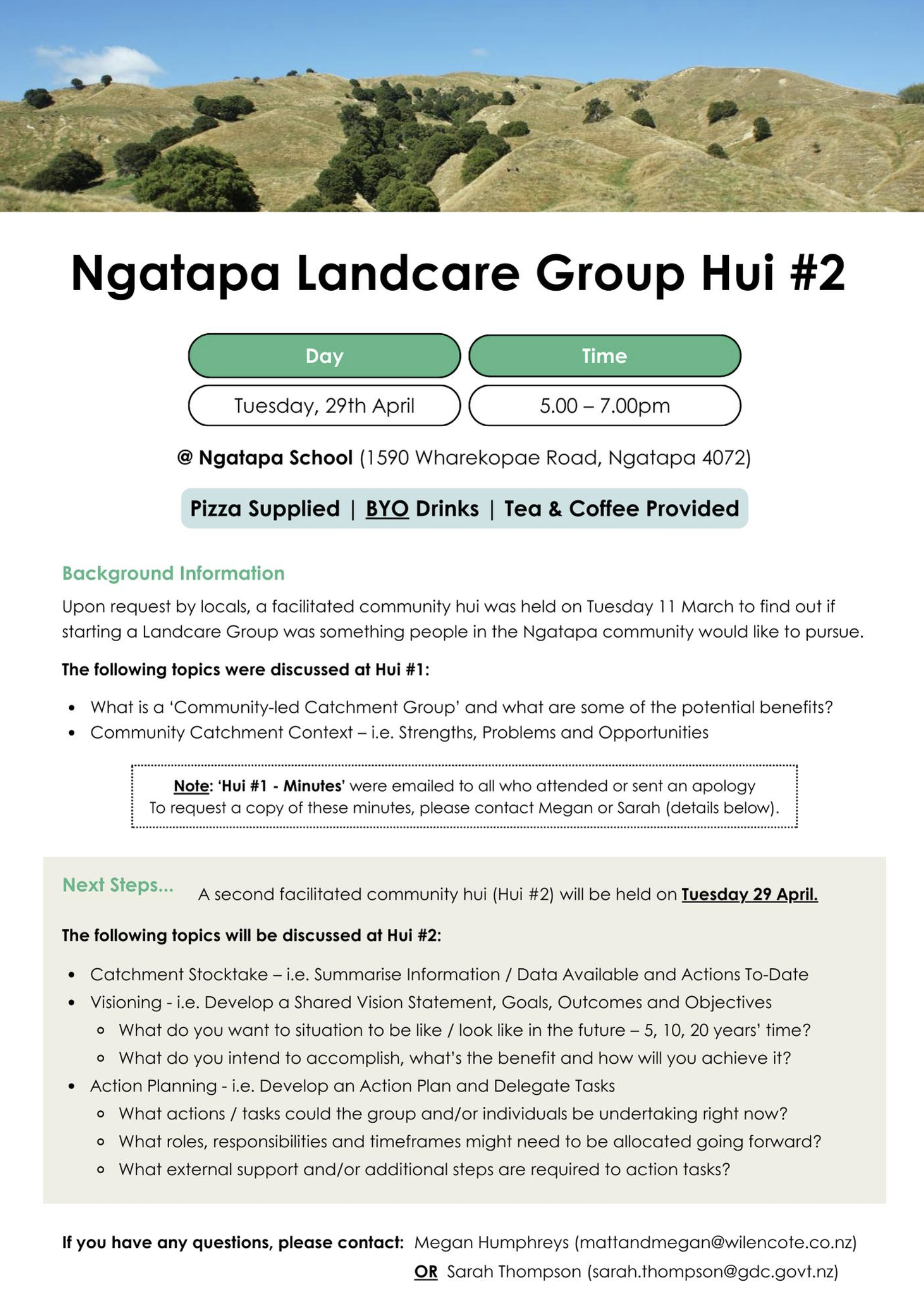 Event flyer for Ngatapa Landcare Group Hui #2, scheduled for Tuesday, April 29th, from 5:00 to 7:00 pm at Ngatapa School, featuring community hui topics, food, drinks, and tea. The flyer includes a scenic image of rolling hills with trees.