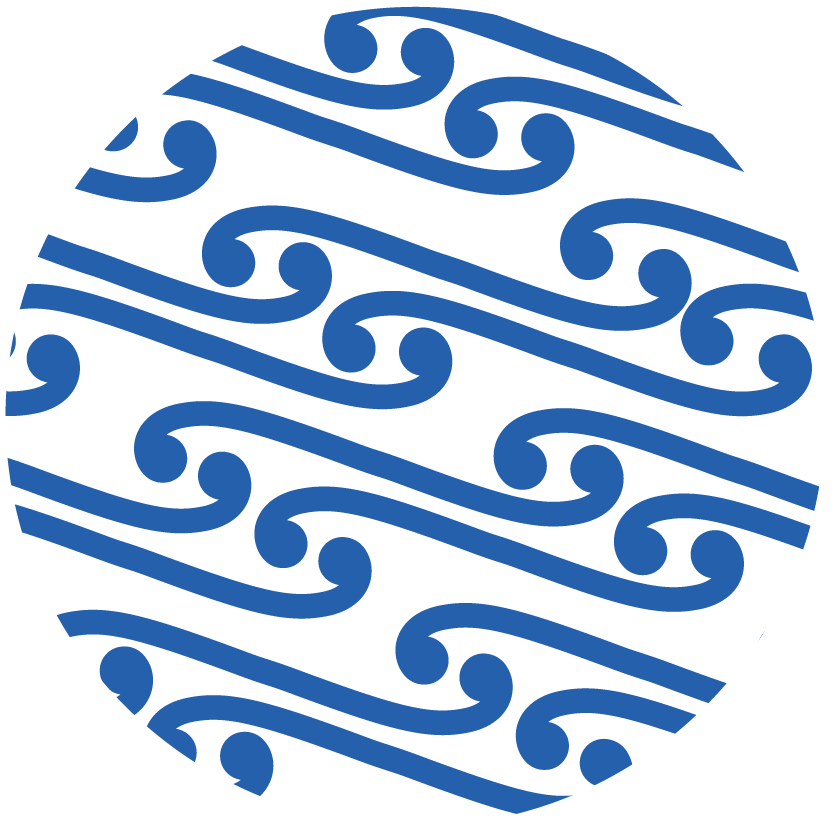 Blue wave pattern inside a black circle.