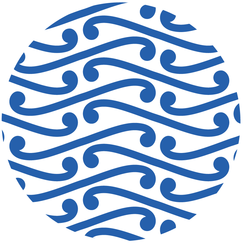 Blue stylized waves pattern inside a circular shape.