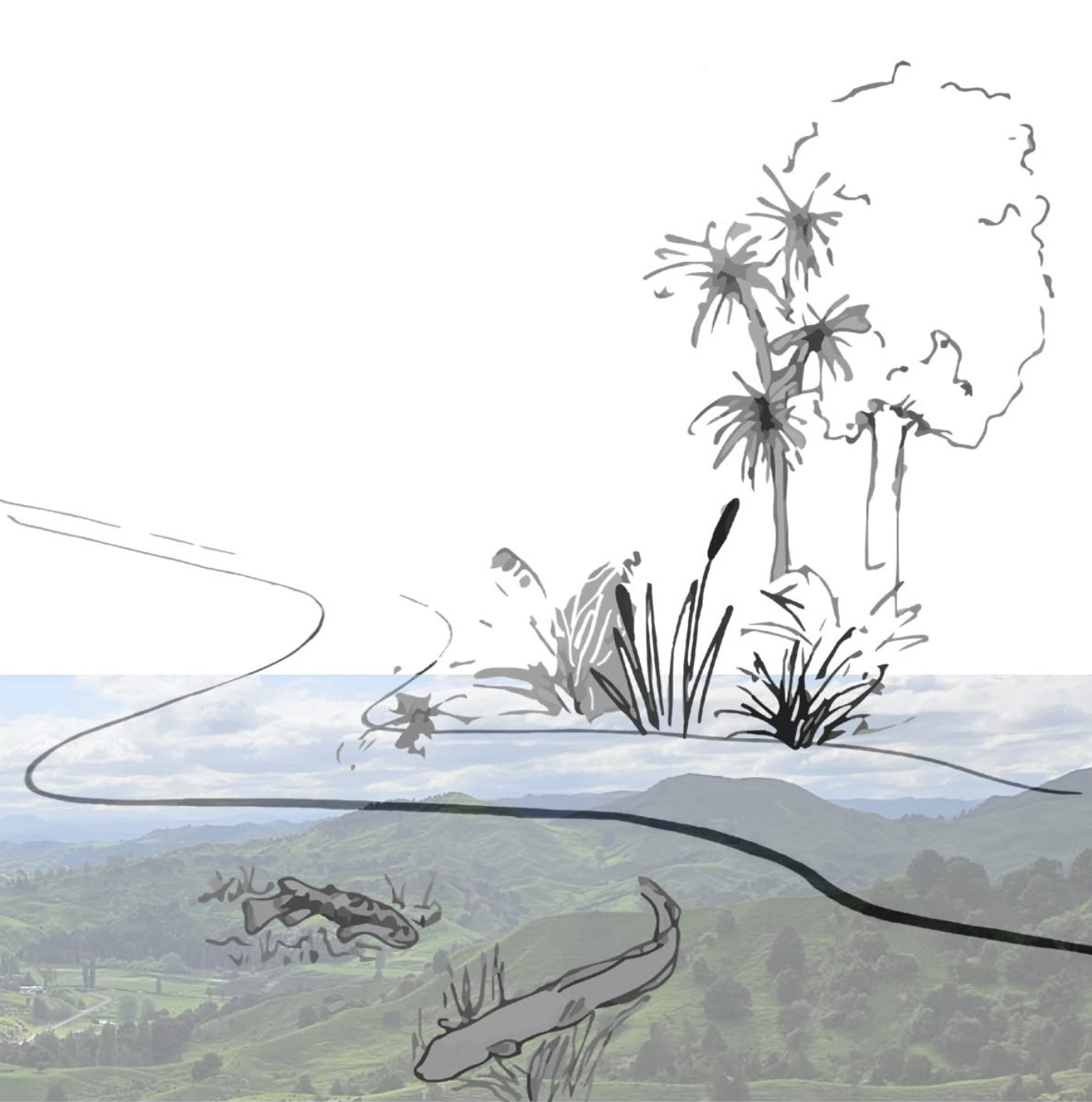 A landscape with a handwritten sketch of trees, plants, and two lizards over a photo of rolling green hills and a cloudy sky.