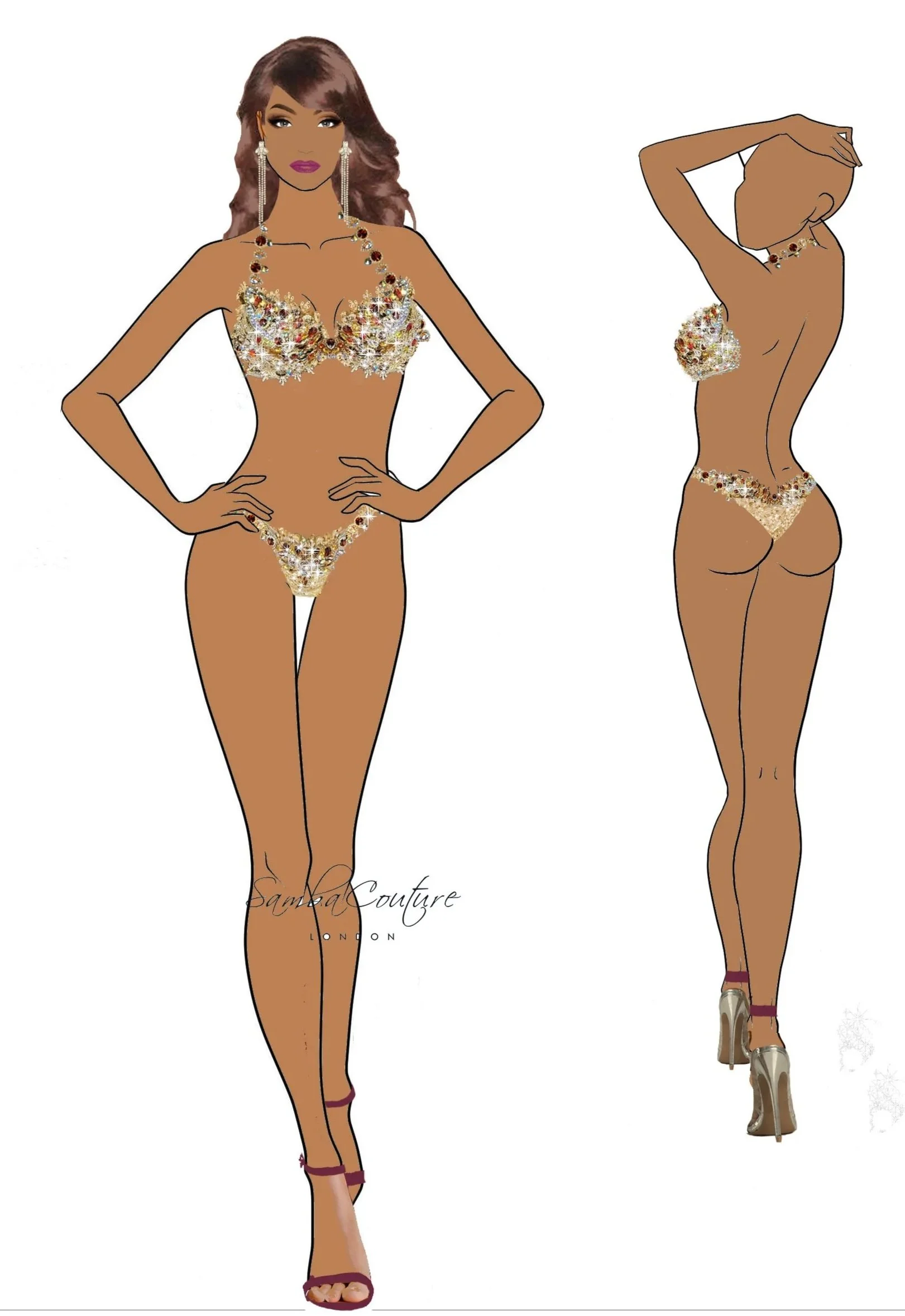 SambaCouture illustration of a woman wearing a posing suit and gold high heels, shown from the front and back.