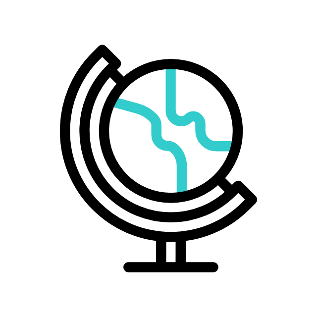 Illustration of a globe on a stand with a magnifying glass in front, partially covering the globe.