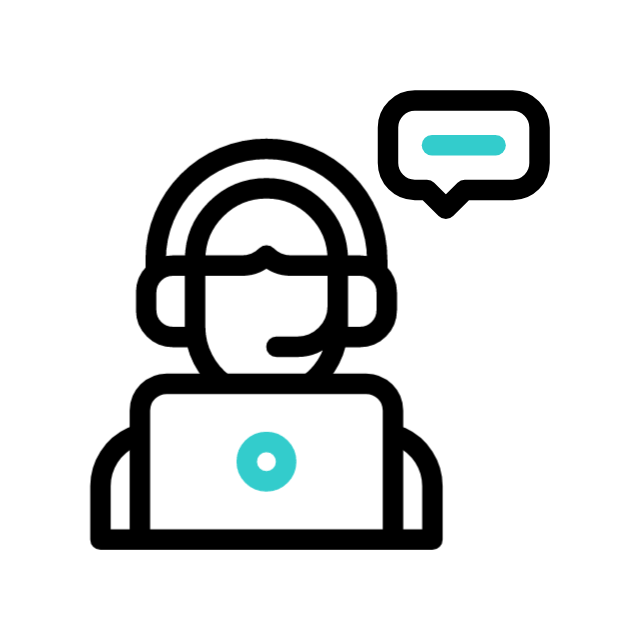 Icon of a customer support agent wearing a headset, with a speech bubble indicating communication.