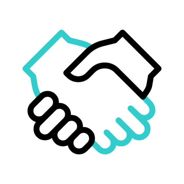 Illustration of two hands shaking, one black outline and one blue outline, symbolizing agreement or cooperation.