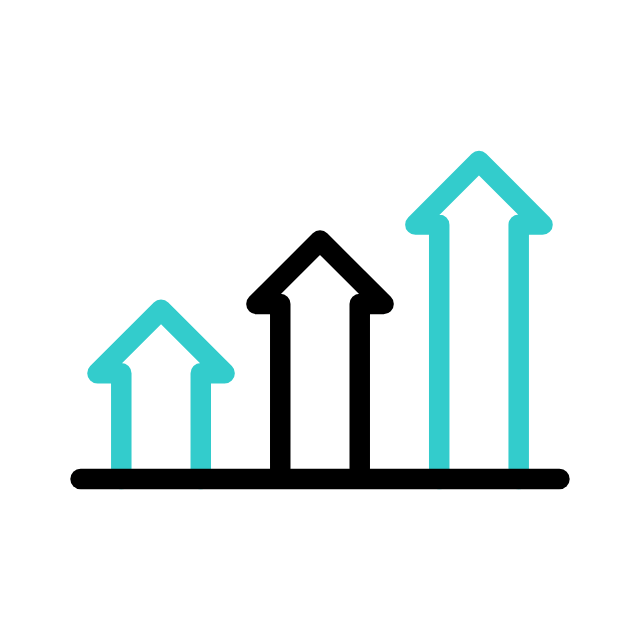 Three upward arrows in black and light blue indicating growth or progress.