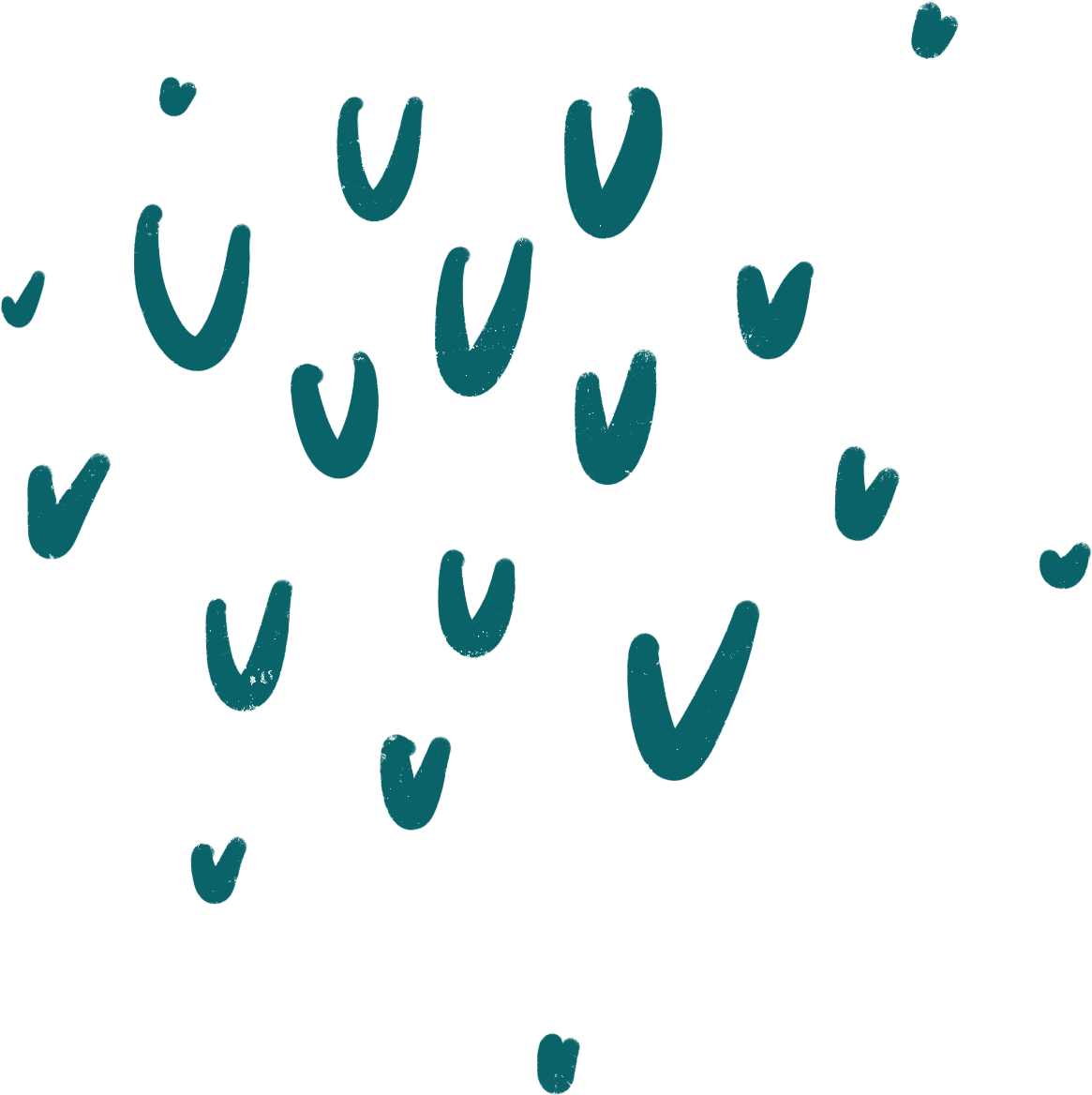 Multiple teal-colored brushstroke-like shapes scattered on a white background.