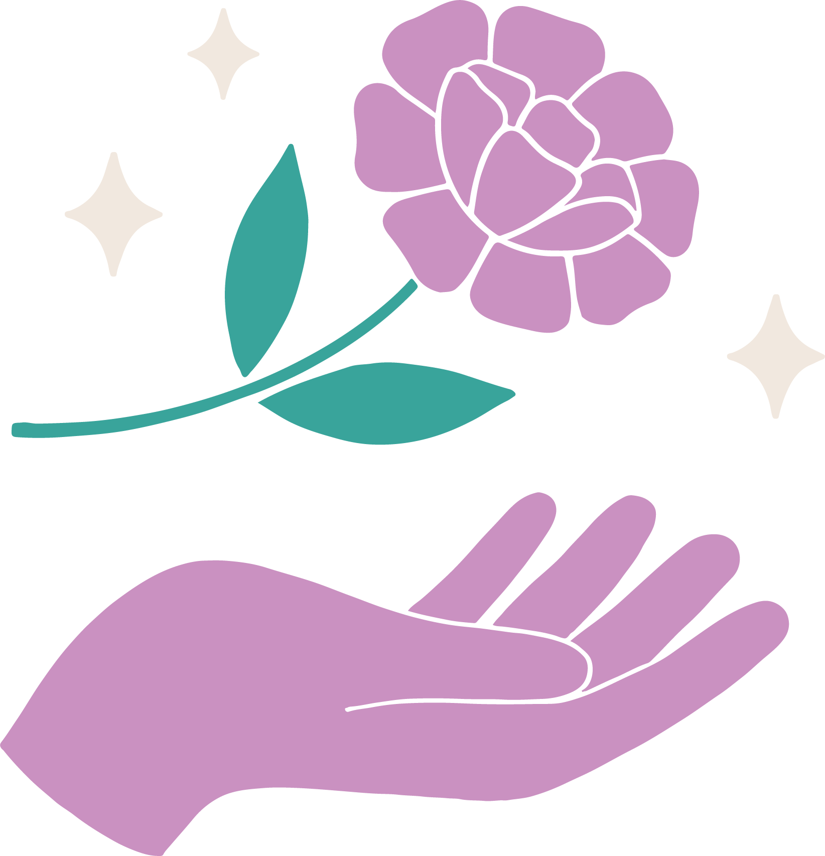 A purple hand holding out with a purple flower and green leaves coming from above, along with several white stars