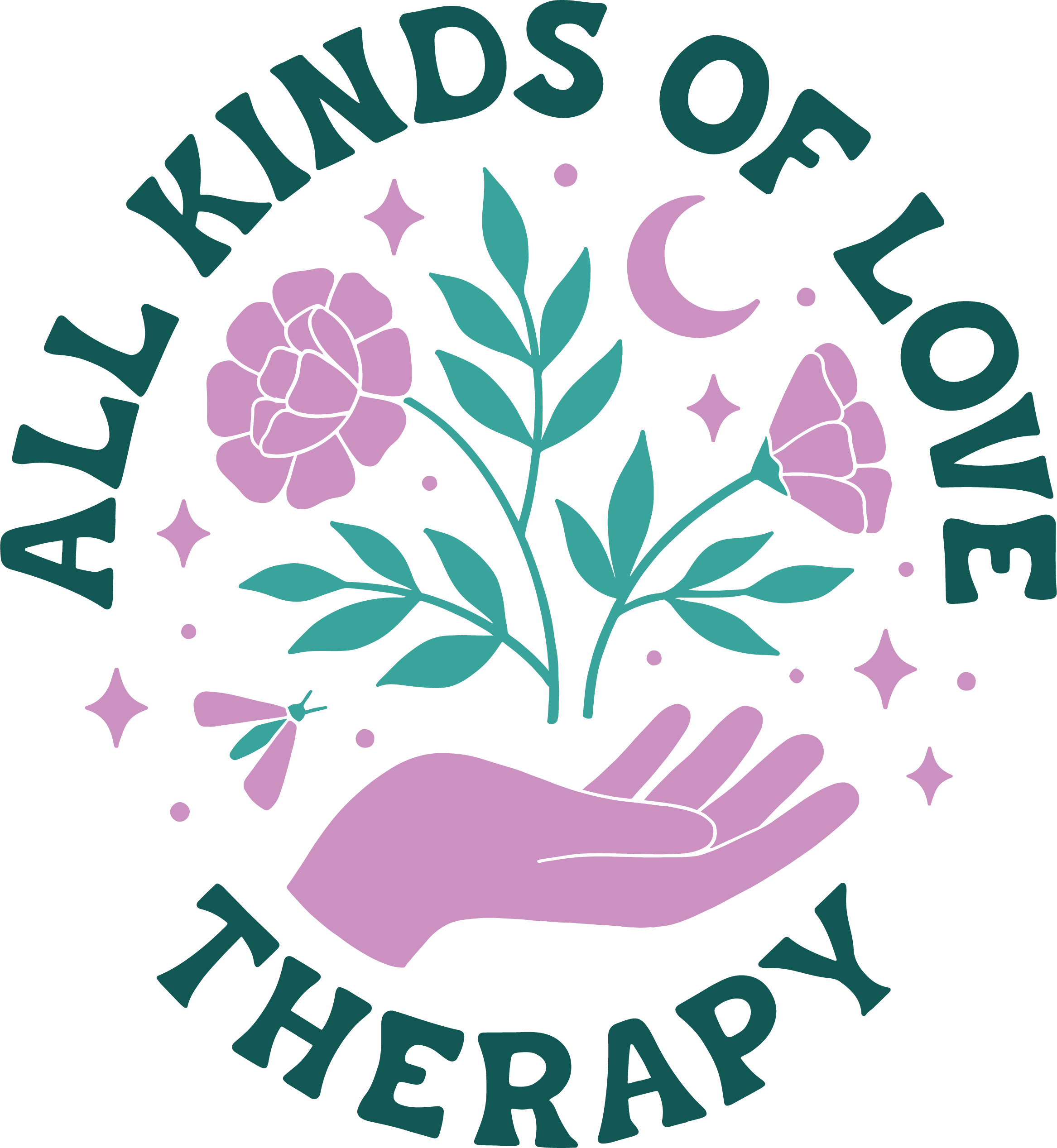 A circular logo with the text 'All Ribbons of Love Therapy' around the edge. In the center, a purple hand holds a botanical illustration with purple flowers, green leaves, a crescent moon, stars, and a dragonfly, with a dark background.