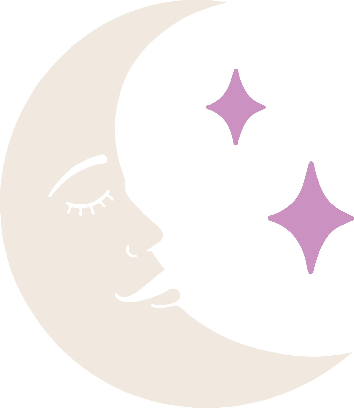 A stylized illustration of a crescent moon with a face, closed eye, and a small nose, with two purple stars nearby, set against a black background.