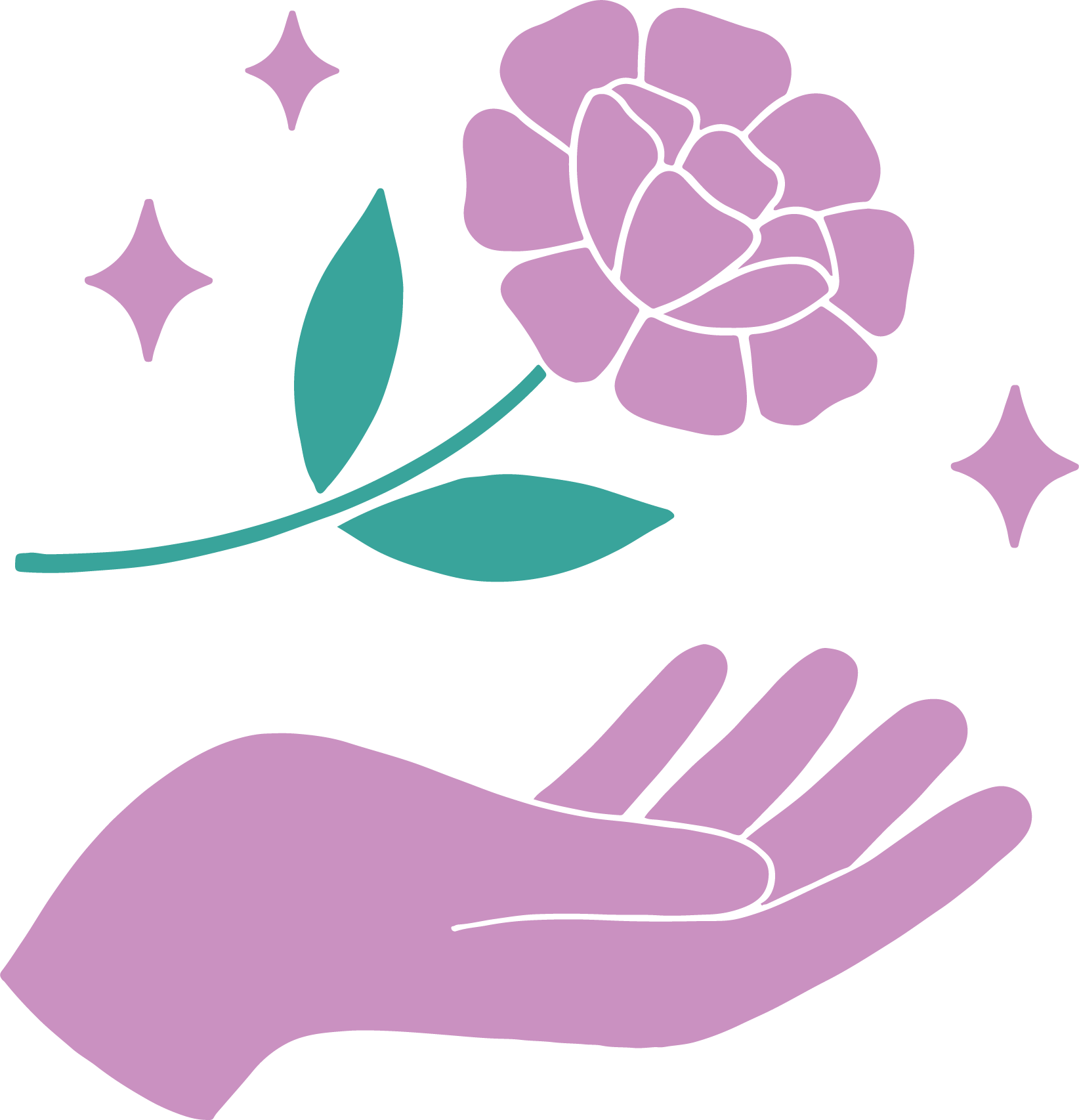 A light purple hand holding a purple flower with green leaves, surrounded by small purple stars.
