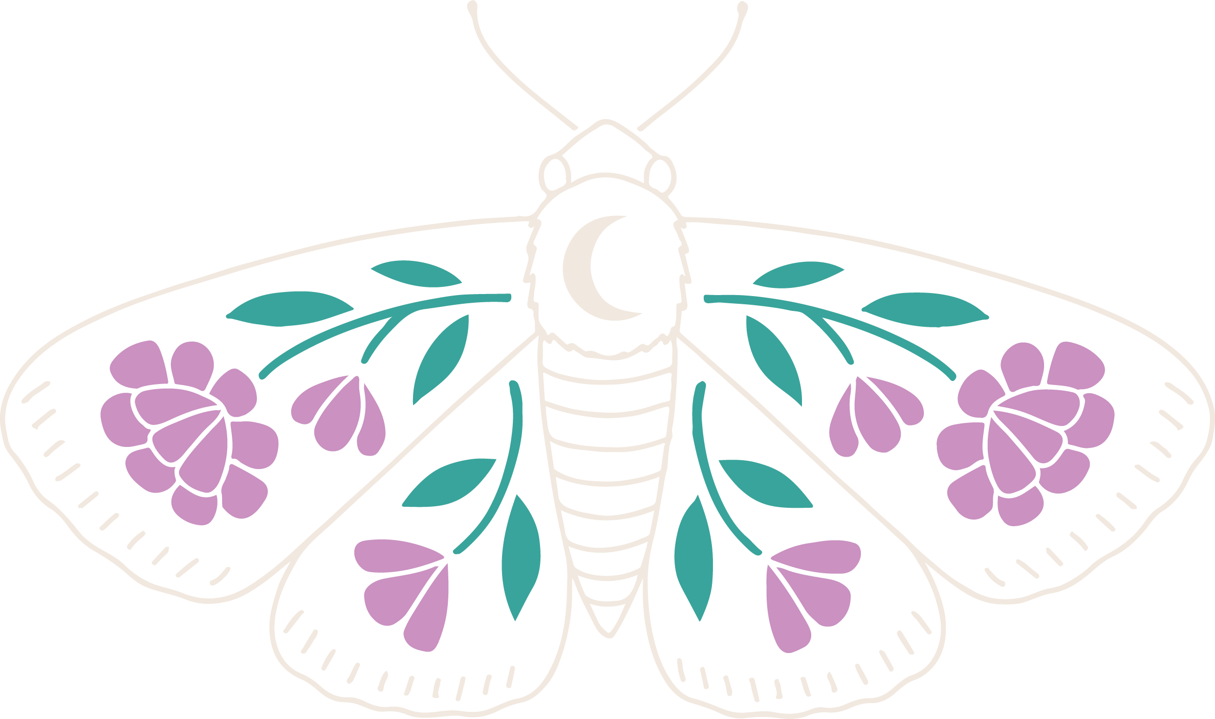 A line drawing of a moth with purple flowers and teal leaves on its wings, a crescent moon shape on its body, and antennae extending from its head.