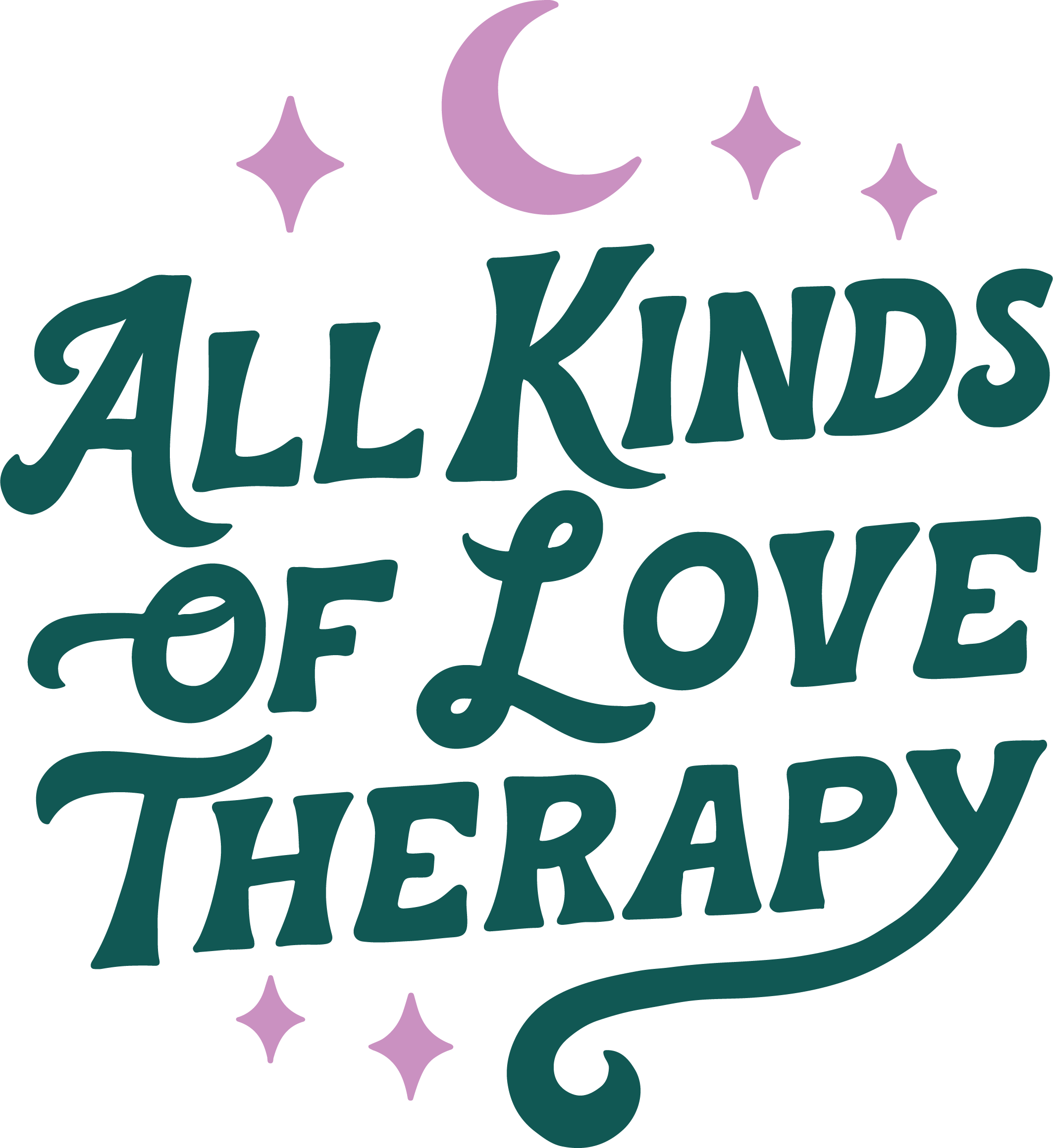 Decorative graphic with text 'All Kinds of Love Therapy' surrounded by pink crescent moon and stars.