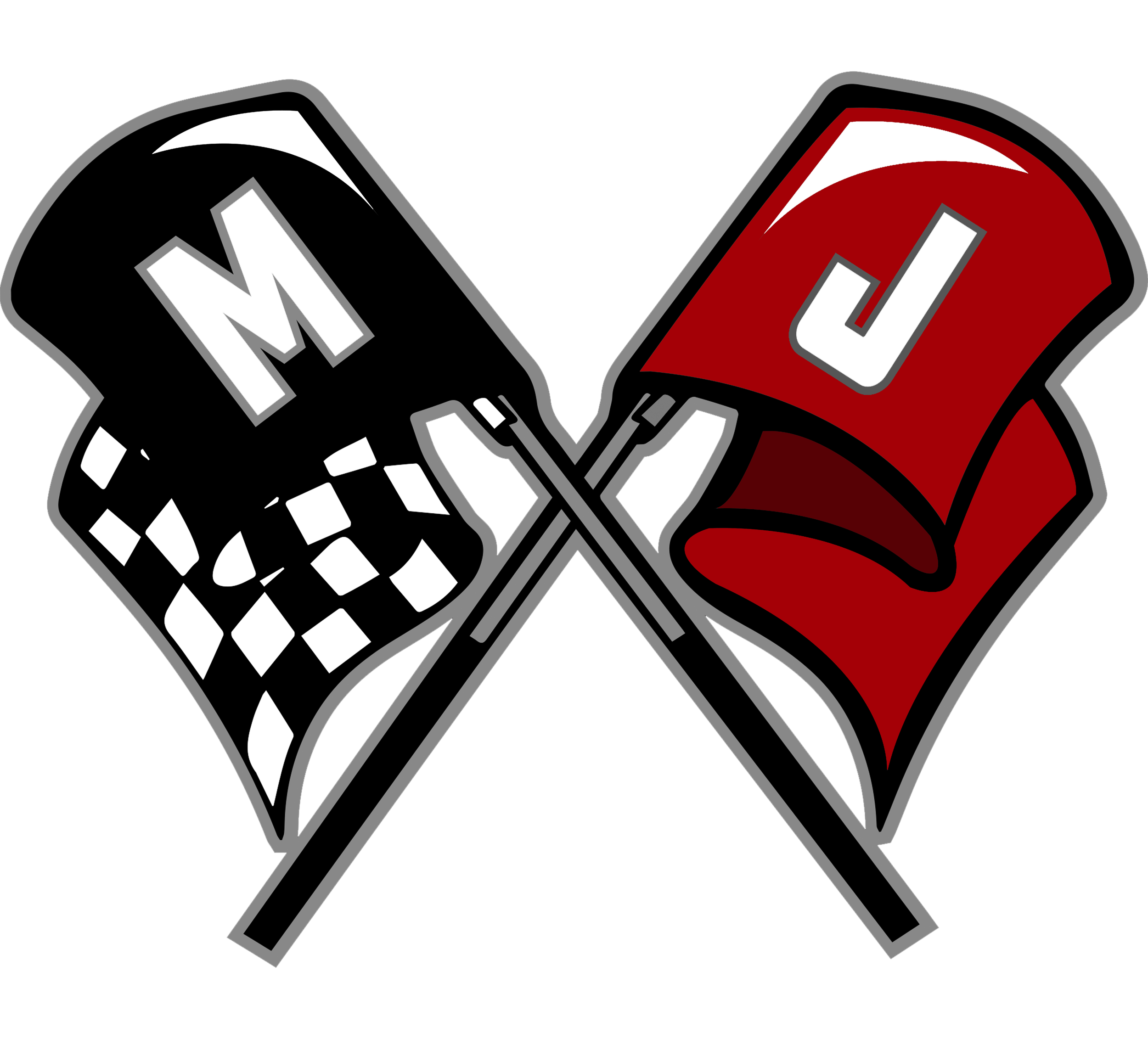 Illustration of two crossed flags, one black with white checkered pattern and an "M," and one red with a white "J," representing car racing flags.