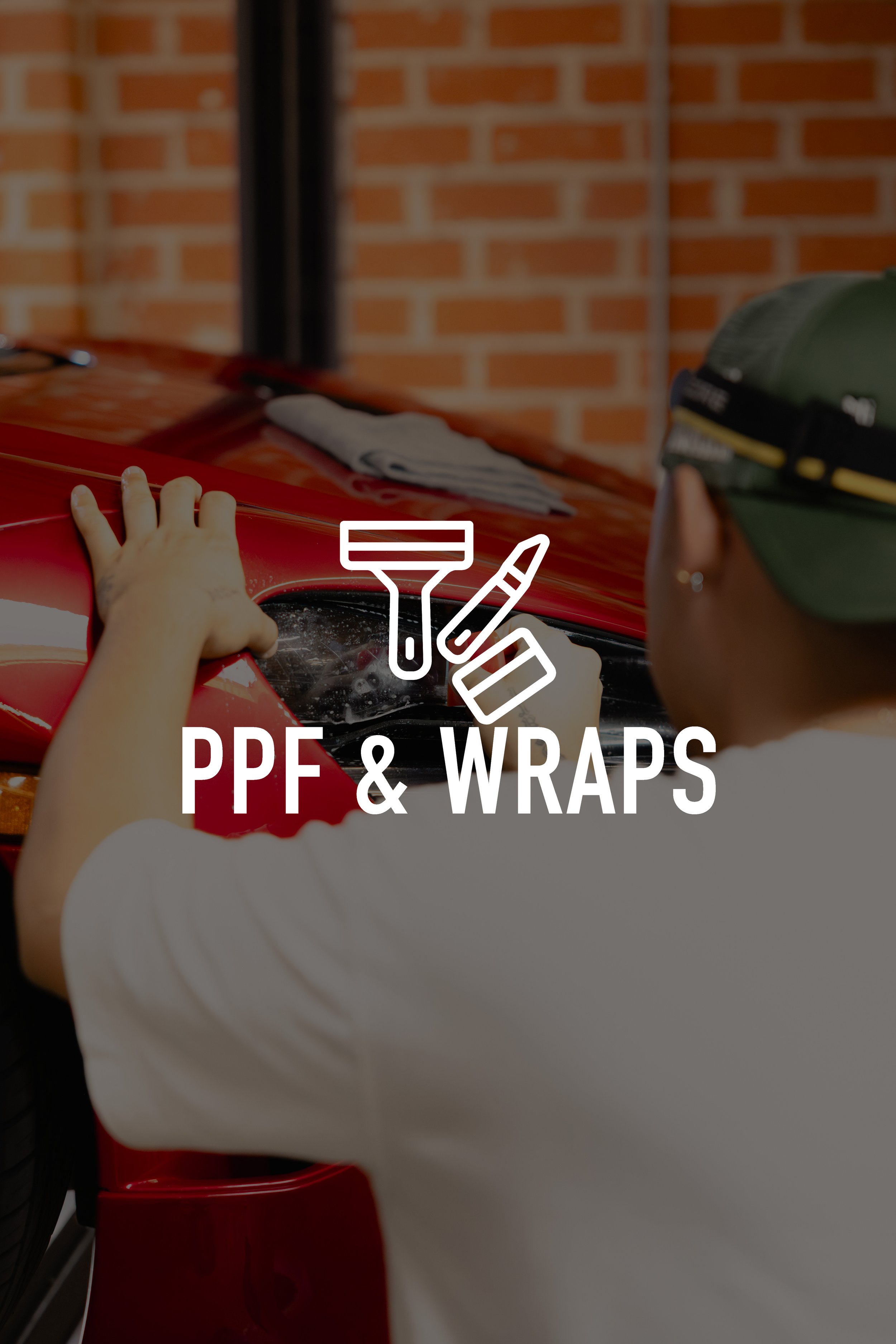 Person applying PPF to a red car's hood with a squeegee, with text overlay reading 'PPF & WRAPS' and icons of a squeegee, knife, and peeling tape.