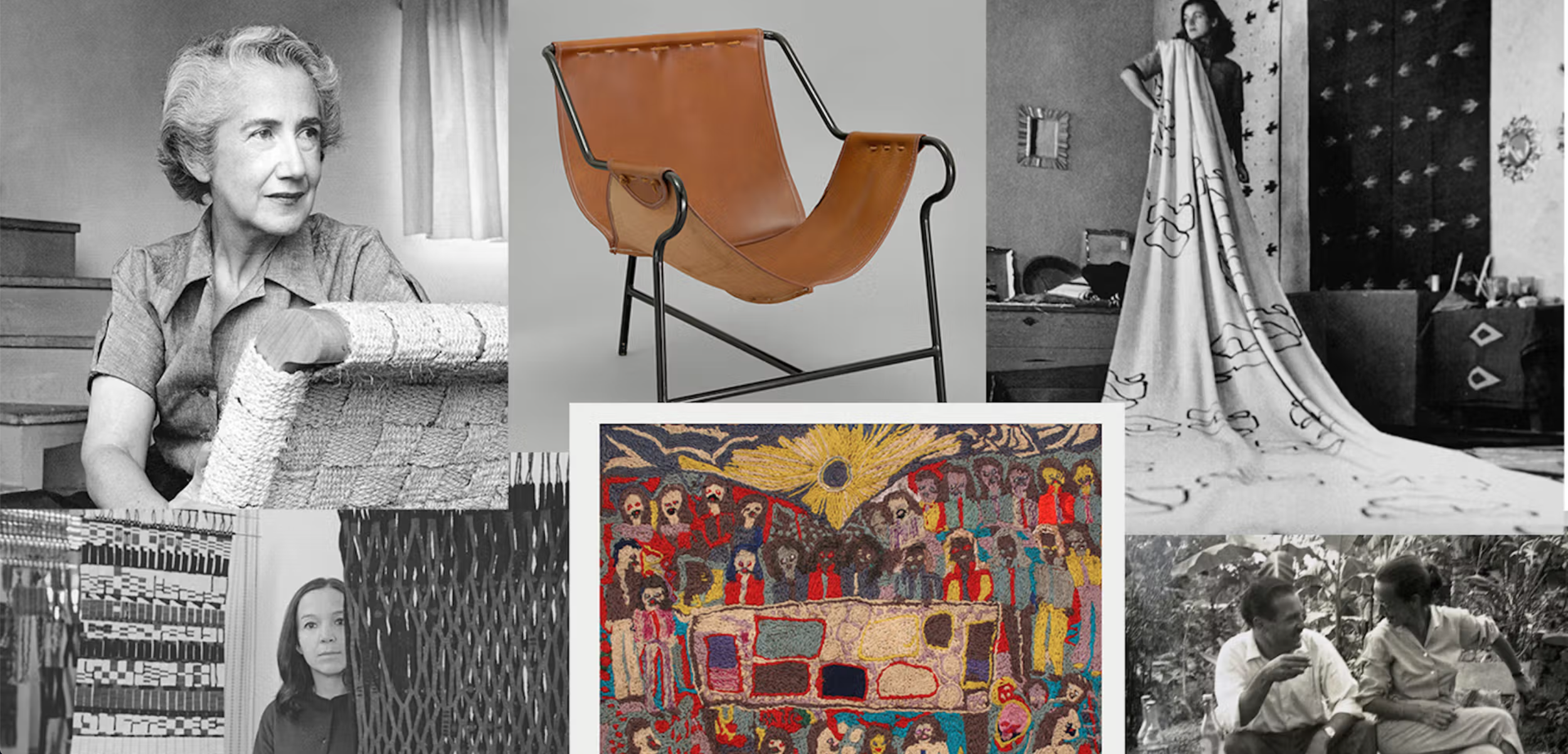 A collage of various images including black and white photos of women, a modern leather chair, a colorful embroidered artwork, and two people talking outdoors.