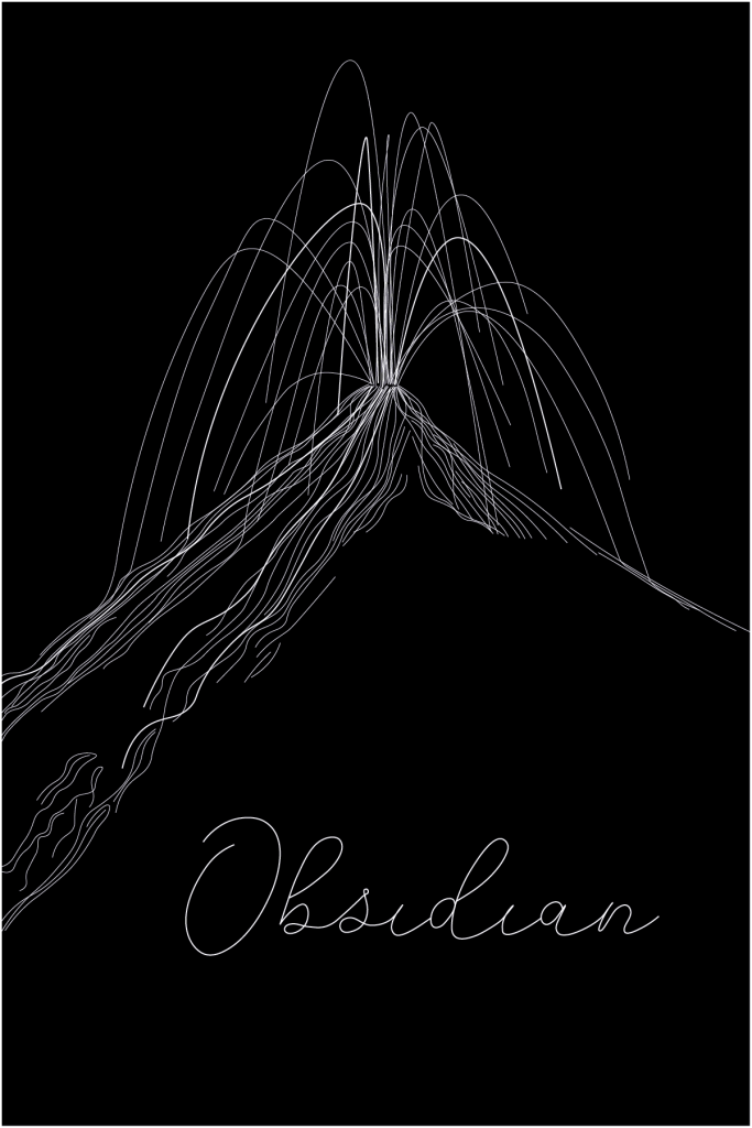 Minimalist line art of a mountain with a fountain or water spray at the peak, on a black background, with the word "Obsidian" written in cursive at the bottom.