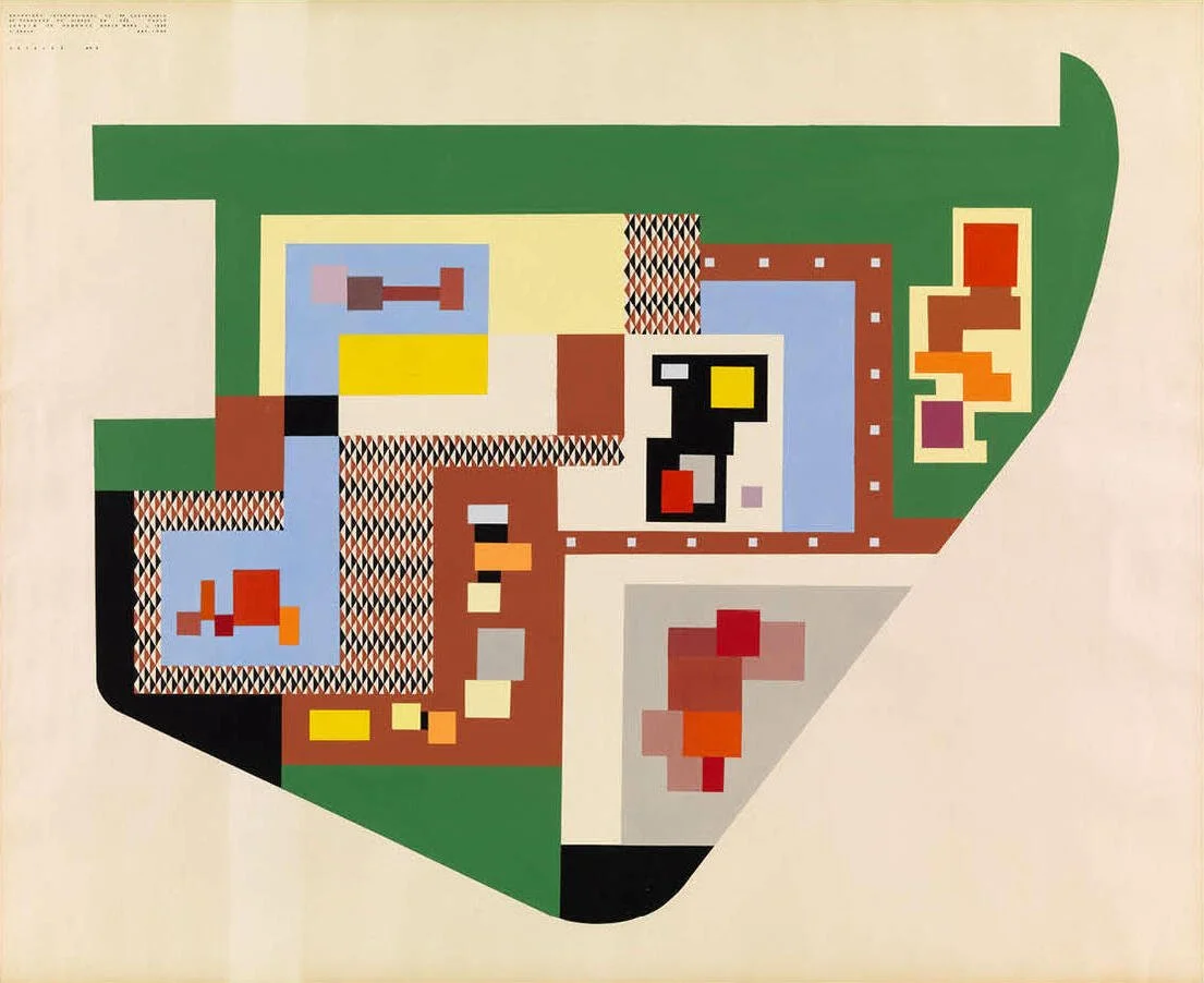 Abstract geometric artwork with blocks of various colors including green, black, red, yellow, blue, and beige, forming a complex pattern.