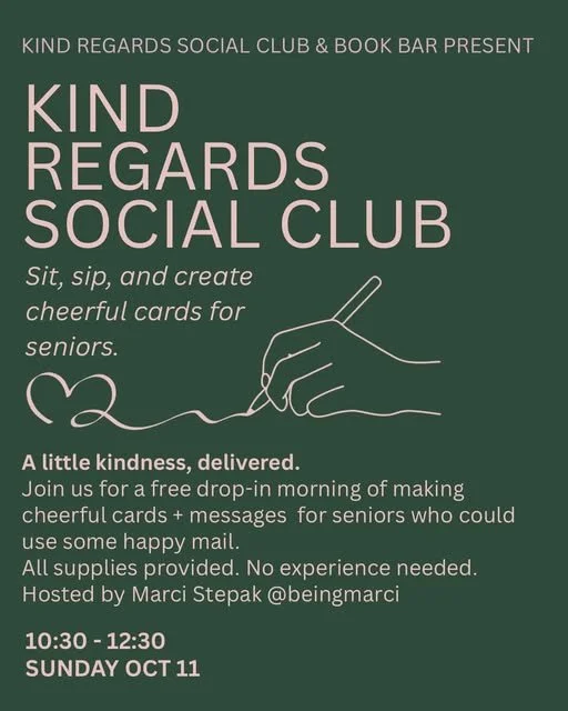 Flyer for Kind Regards Social Club and Book Bar  promoting cheerful card making for seniors on October 11 from 10:30 to 12:30.