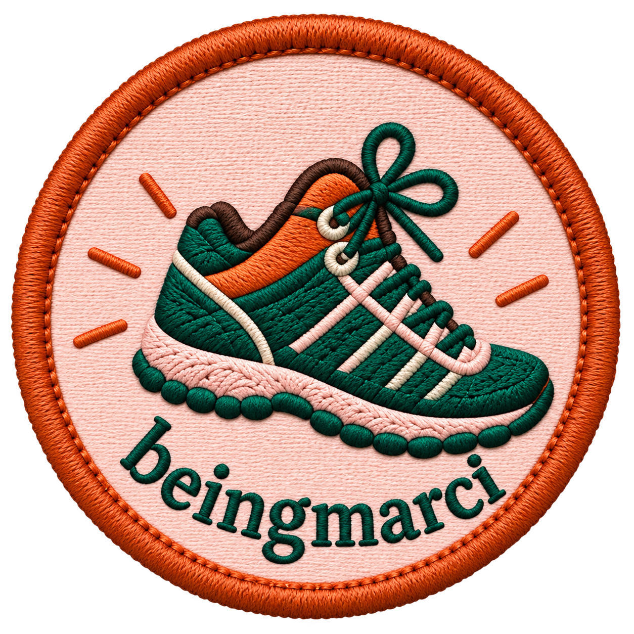 An embroidered patch featuring a colorful athletic shoe with the word 'beimarcí' underneath and a clock-like orange border around the design.