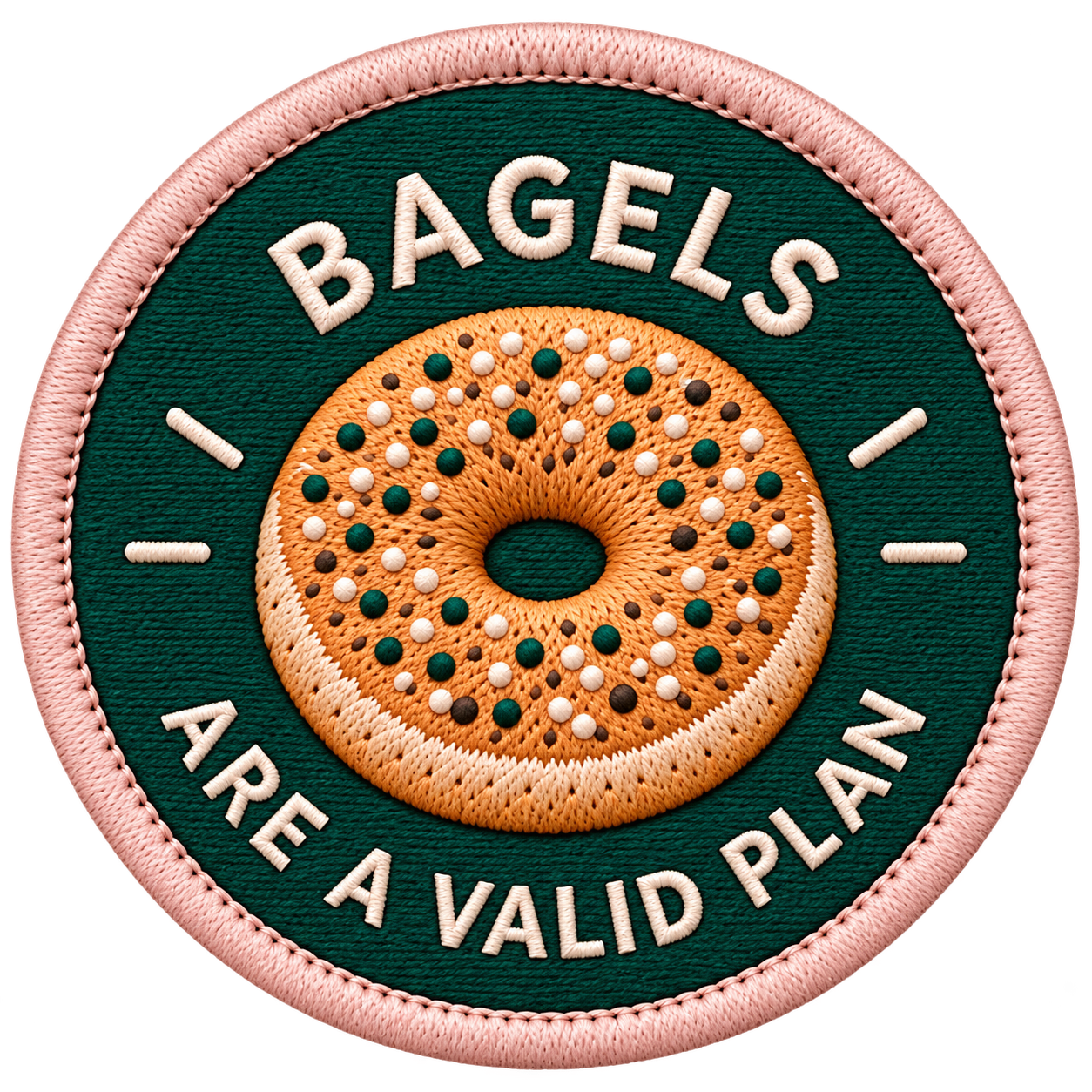 A circular patch with a pink border, dark green background, and white embroidery that reads 'BAGELS' at the top and 'ARE A VALID PLANT' at the bottom, with a central design of a bagel with colorful sprinkles.