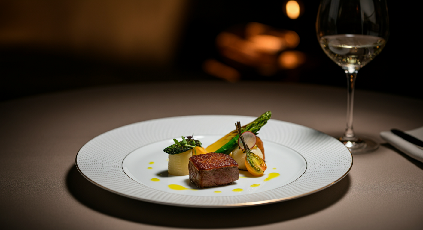 Plato de carne con verduras y salsa, acompañado de una copa de vino en un ambiente elegante