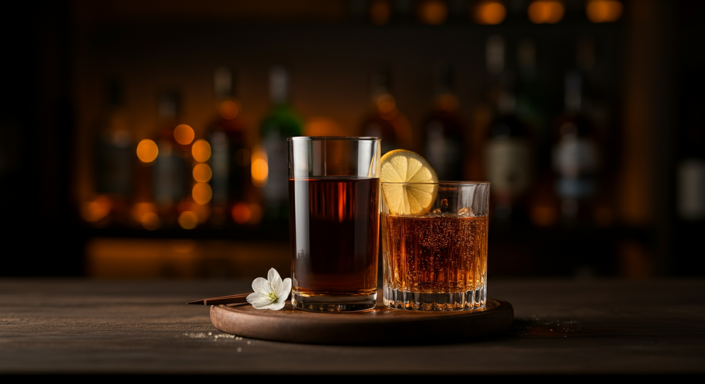 Dos tragos en un bar, uno con limón y hielo, y otro con color oscuro, ambos sobre una bandeja de madera, con fondo de botellas y luces borrosas.