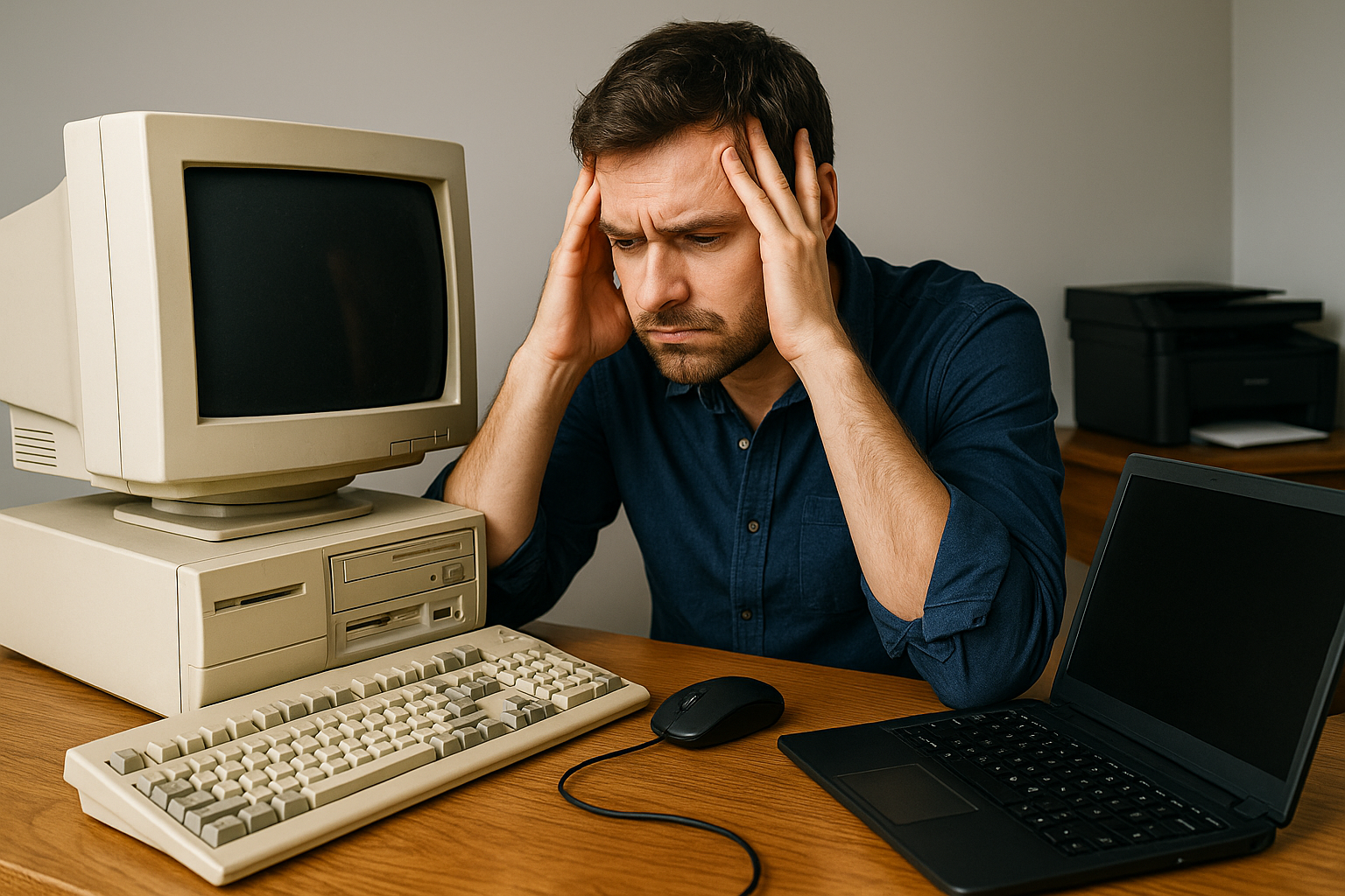 Man experiencing frustration at his computer desk with an outdated monitor, keyboard, and laptop.