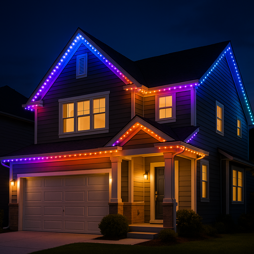 A two-story house decorated with colorful Christmas lights at night, illuminating the exterior in blue, purple, orange, and yellow.