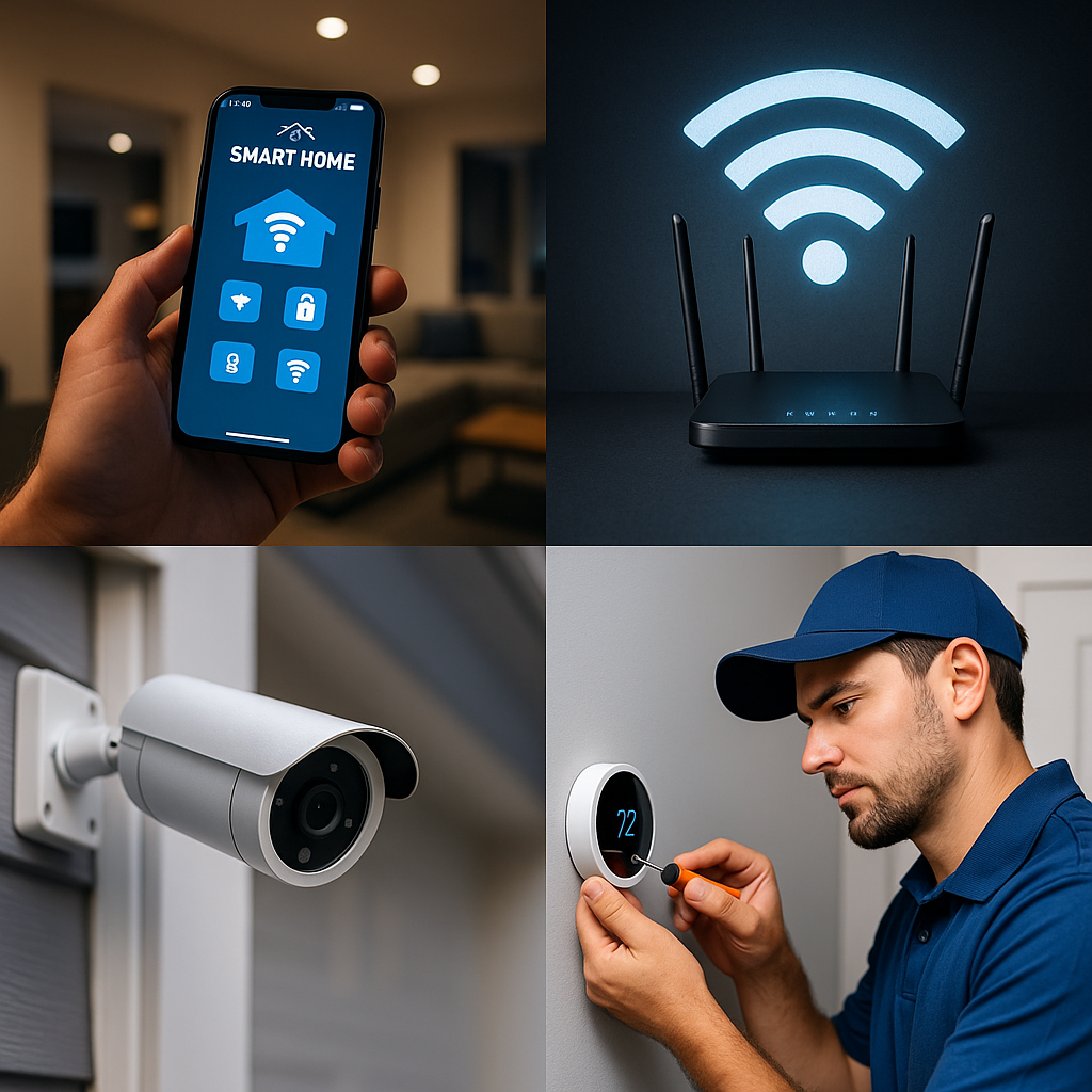 Collage of smart home technology: top left shows a person holding a smartphone controlling a smart home app, top right displays a Wi-Fi router emitting signal, bottom left features a security camera mounted on a wall, and bottom right shows a technician adjusting a digital thermostat.