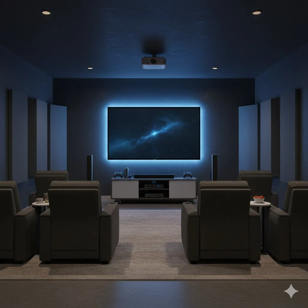 Modern home theater room with six black leather chairs facing a large screen with galaxy imagery, illuminated by soft blue backlighting, and equipped with a ceiling-mounted projector.
