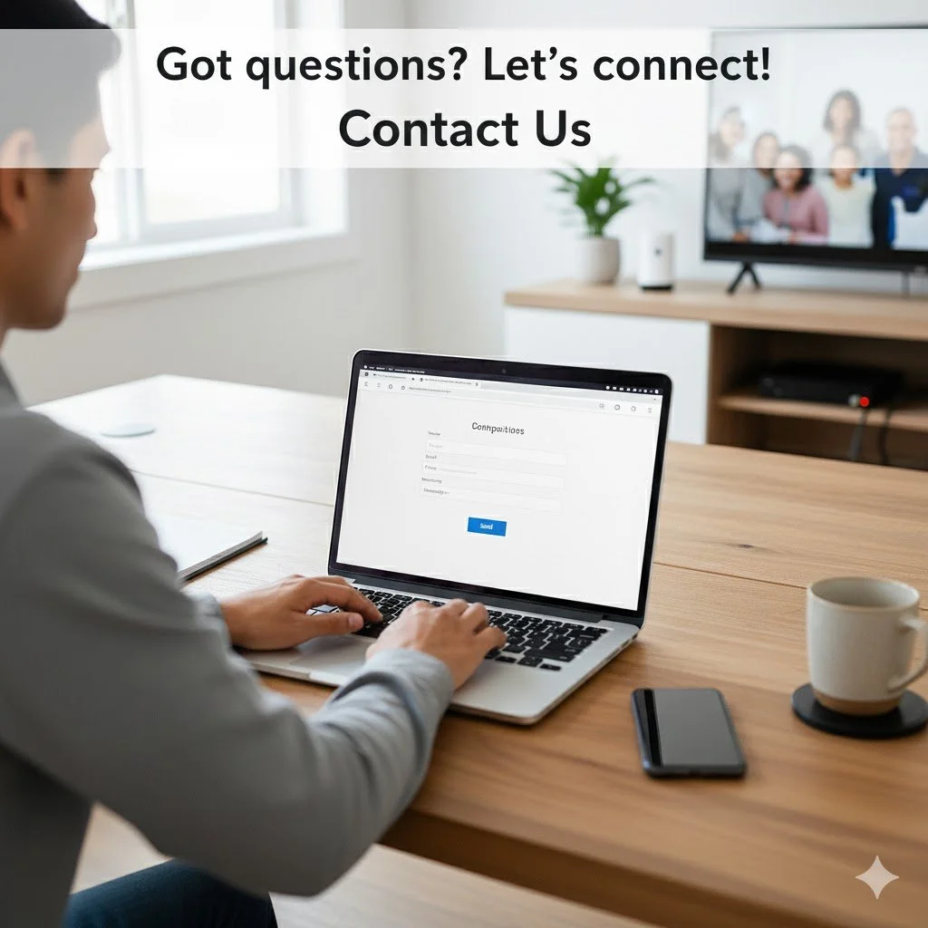 Person sitting at a desk with a laptop, smartphone, and coffee mug, participating in a video call with a group of people on a television screen. Overlay text reads 'Got questions? Let's connect! Contact Us.'