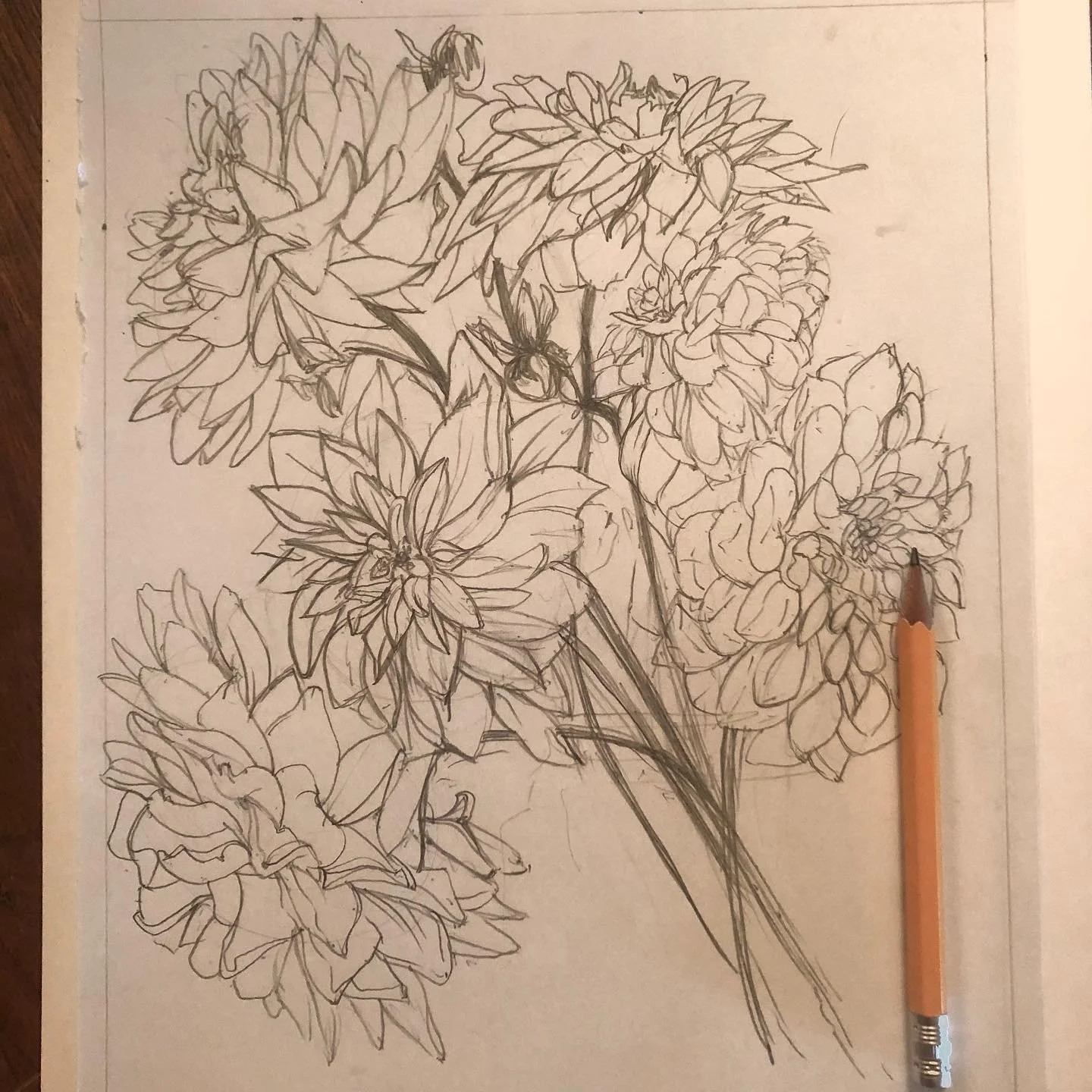 Newest block&hellip;just getting started! Trying to take proper time to honor the dahlias this year, and could not resist with these peachy creams. Hope to do them justice. 💖

#dahliaseason #dahliabouquet #flowerprint #dahlialove #willowwolfprints #